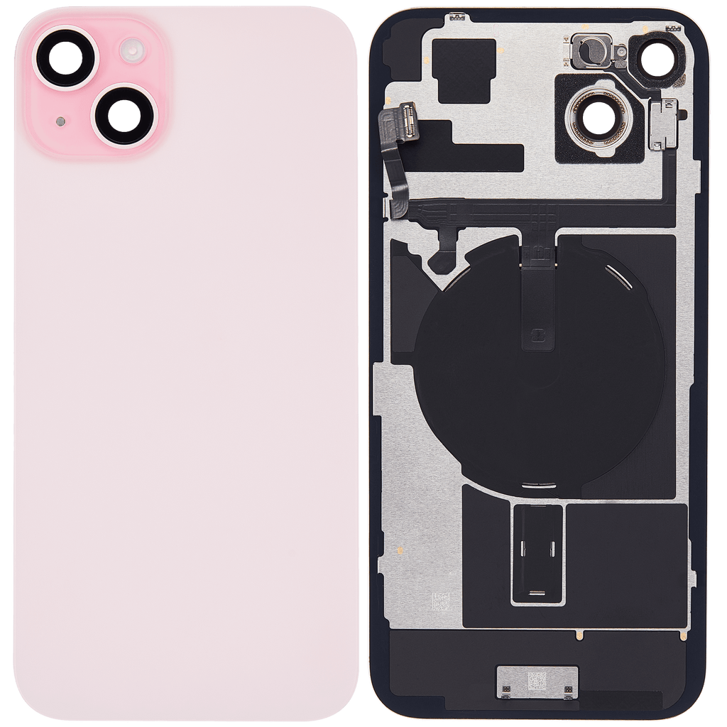 Back cover with MagSafe, NFC & flash flex cable for iPhone 15 Plus (used OEM part, C quality, pink)
