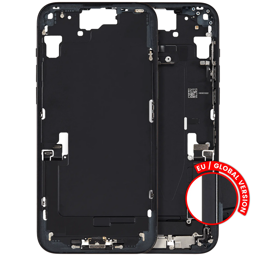 Midframe/Frame with Charging Port Flex and Small Parts for iPhone 15 Plus (EU/Global Version) – Used OEM Part, Grade A (Black)
