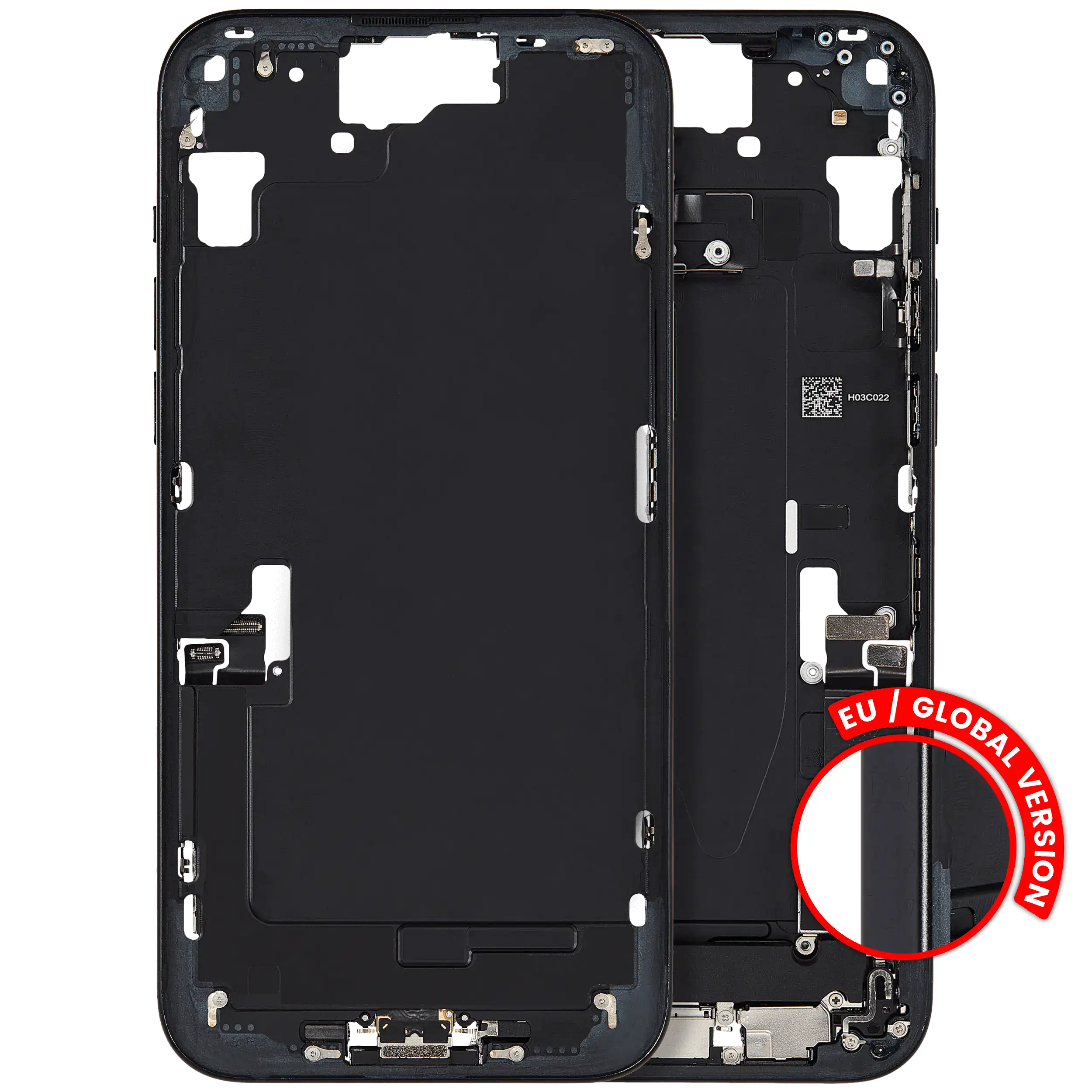 Midframe/Frame with Charging Port Flex and Small Parts for iPhone 15 Plus (EU/Global Version) – Used OEM Part, Grade A (Black)