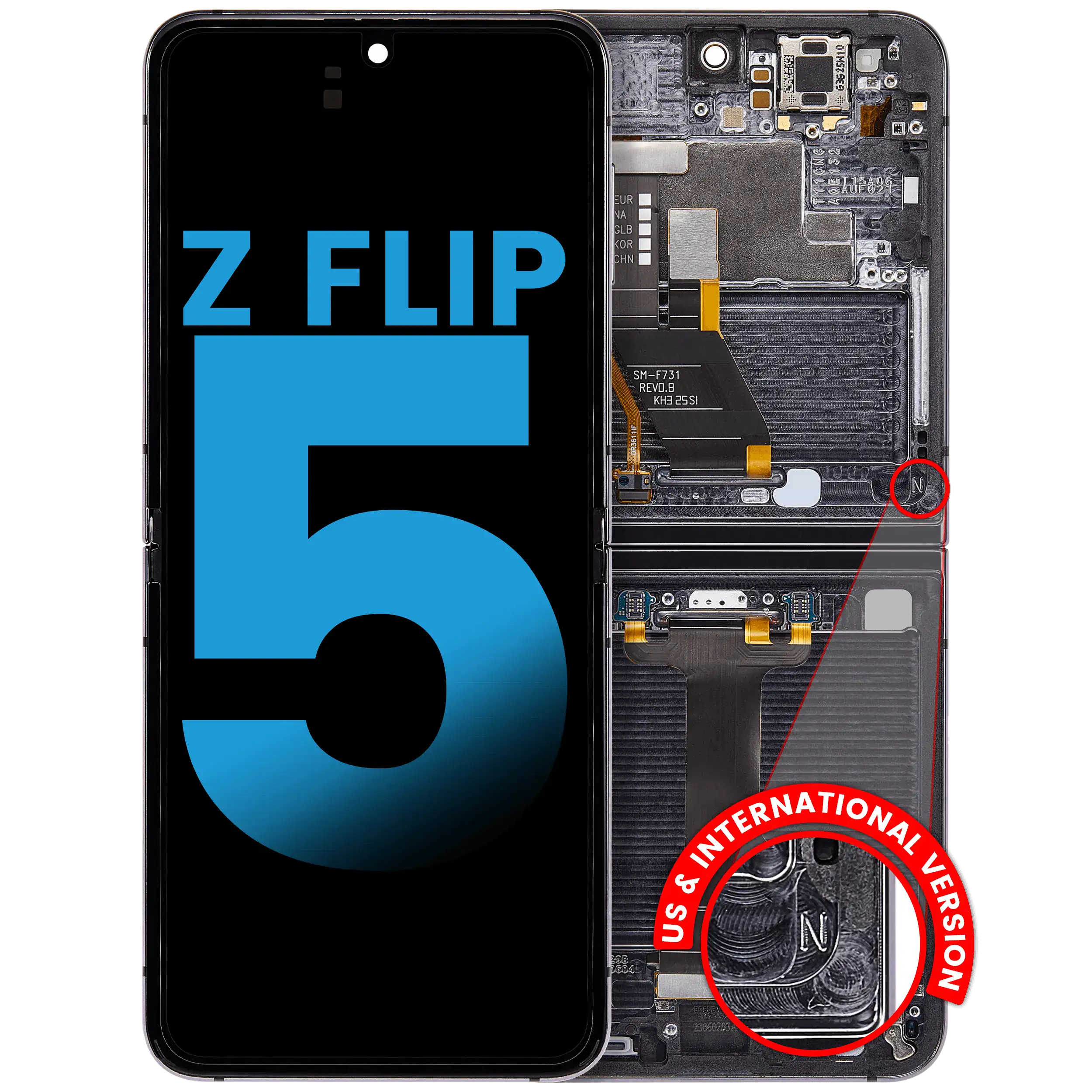 Inner OLED-Display mit Rahmen Compatible für Samsung Galaxy Z Flip 5 5G (F731) (US & International) (Aftermarket) (Phantom Black)