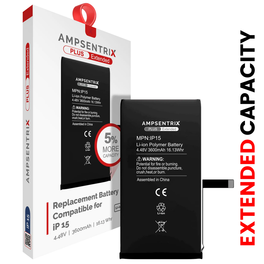 Replacement battery for iPhone 15 (AmpSentrix Plus Extended)