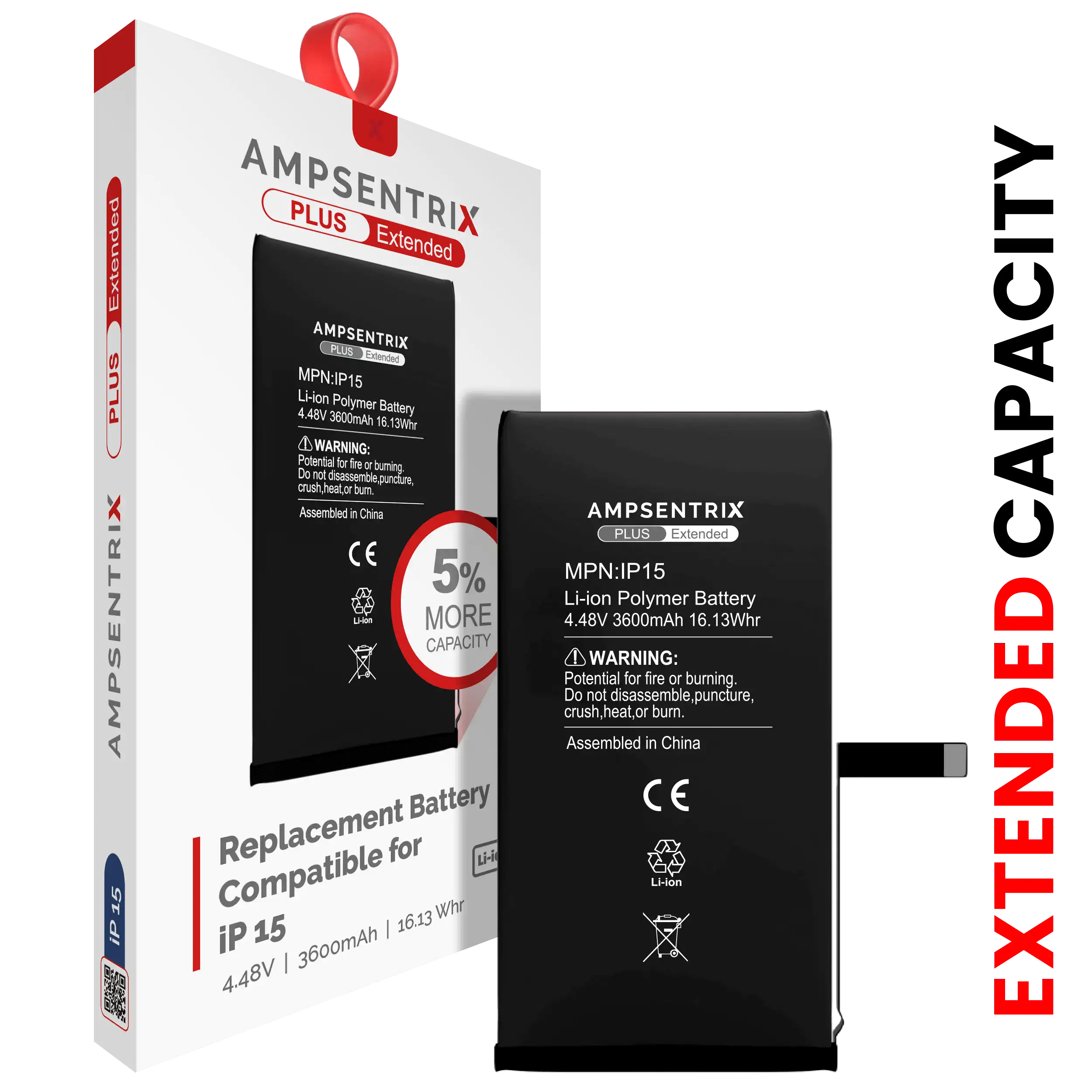 Replacement battery for iPhone 15 (AmpSentrix Plus Extended)