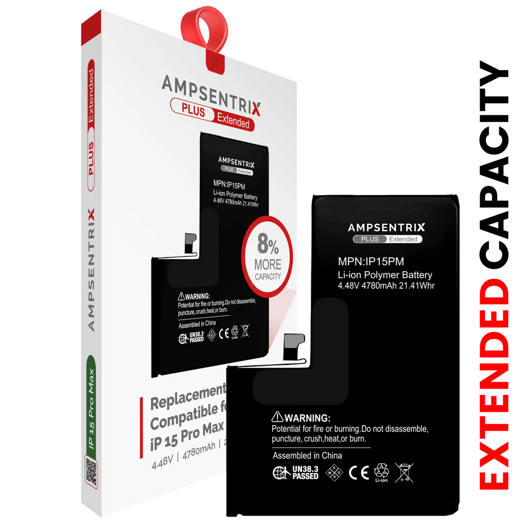 Replacement battery for iPhone 15 Pro Max (AmpSentrix Plus Extended)