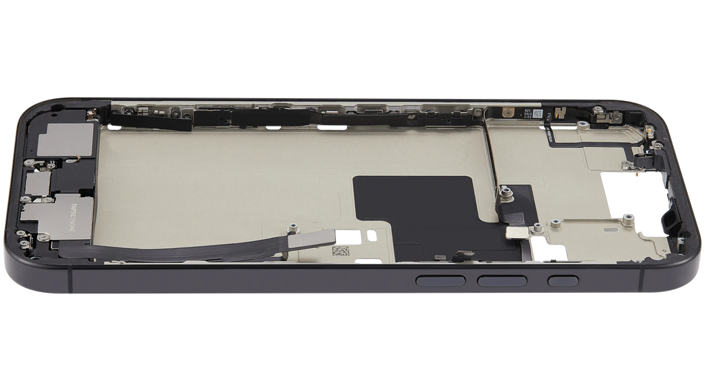 Midframe/Frame with Charging Port Flex and Small Parts for iPhone 16 Pro Max (US Version) – Used OEM Pulled, Grade A (Black Titanium)