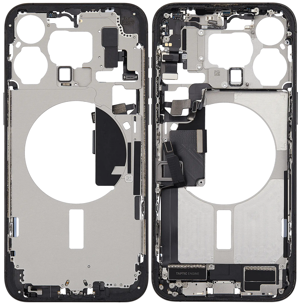 Midframe/Frame for iPhone 15 Pro Max (EU/Global Version) with Charging Port Flex and Small Parts – Used OEM Part, Grade B (Black Titanium)
