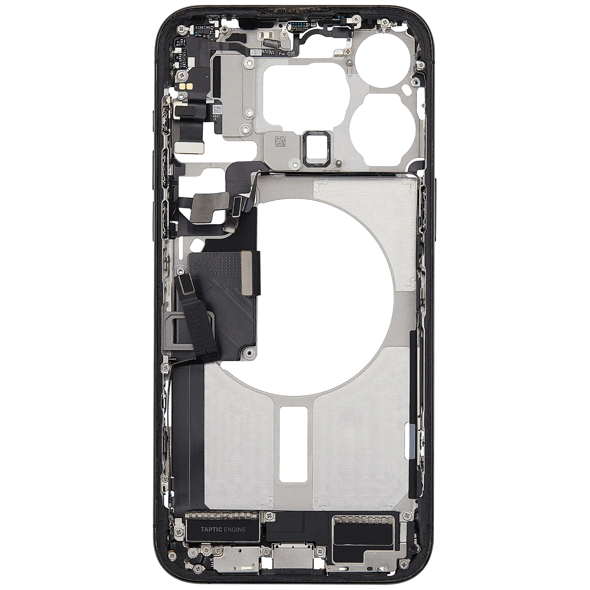 Midframe/Frame for iPhone 15 Pro Max (EU/Global Version) with Charging Port Flex and Small Parts – Used OEM Part, Grade B (Black Titanium)