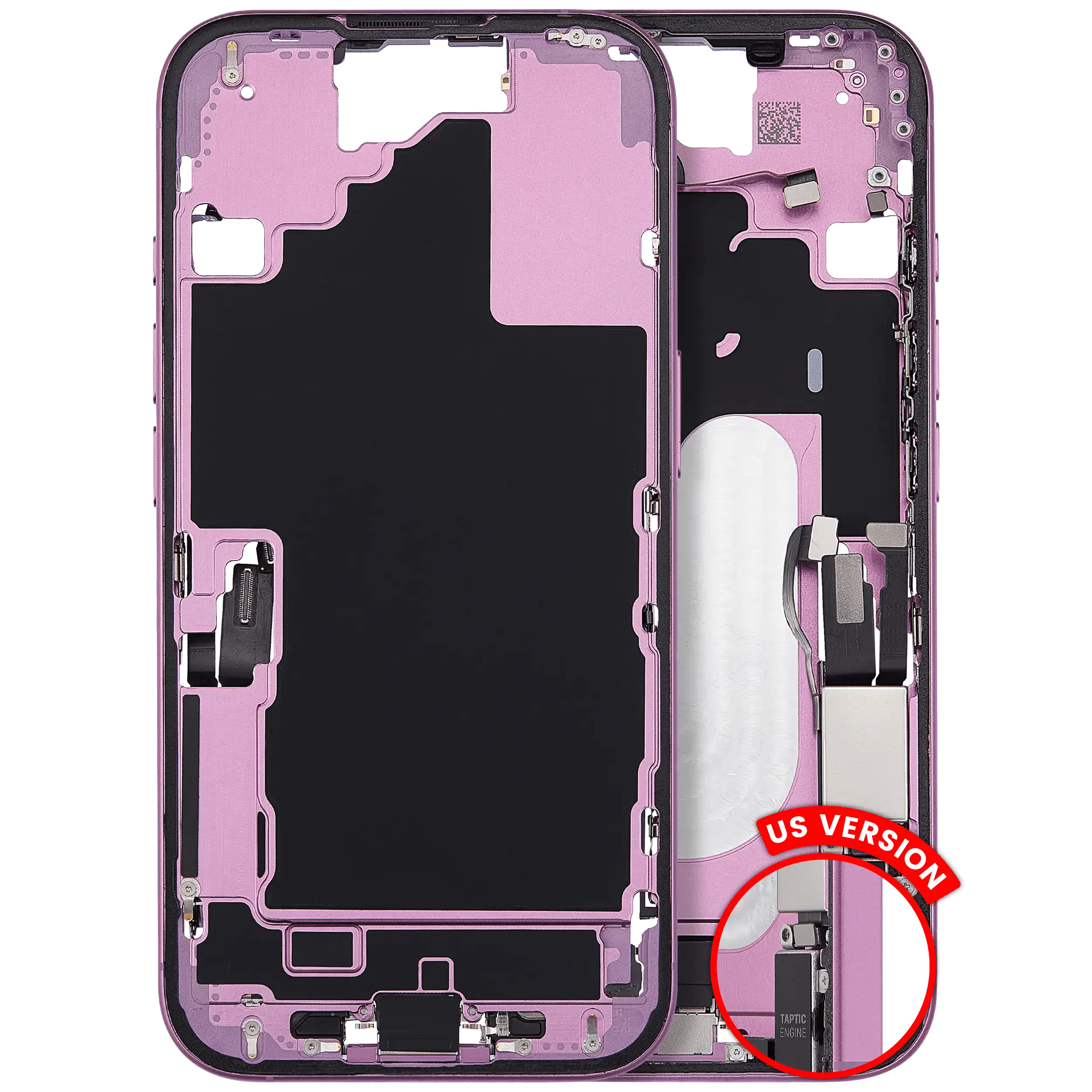 Midframe/Frame with Charging Port Flex and Small Parts for iPhone 16 (US Version) (Used OEM Pull, Quality B) (Pink)