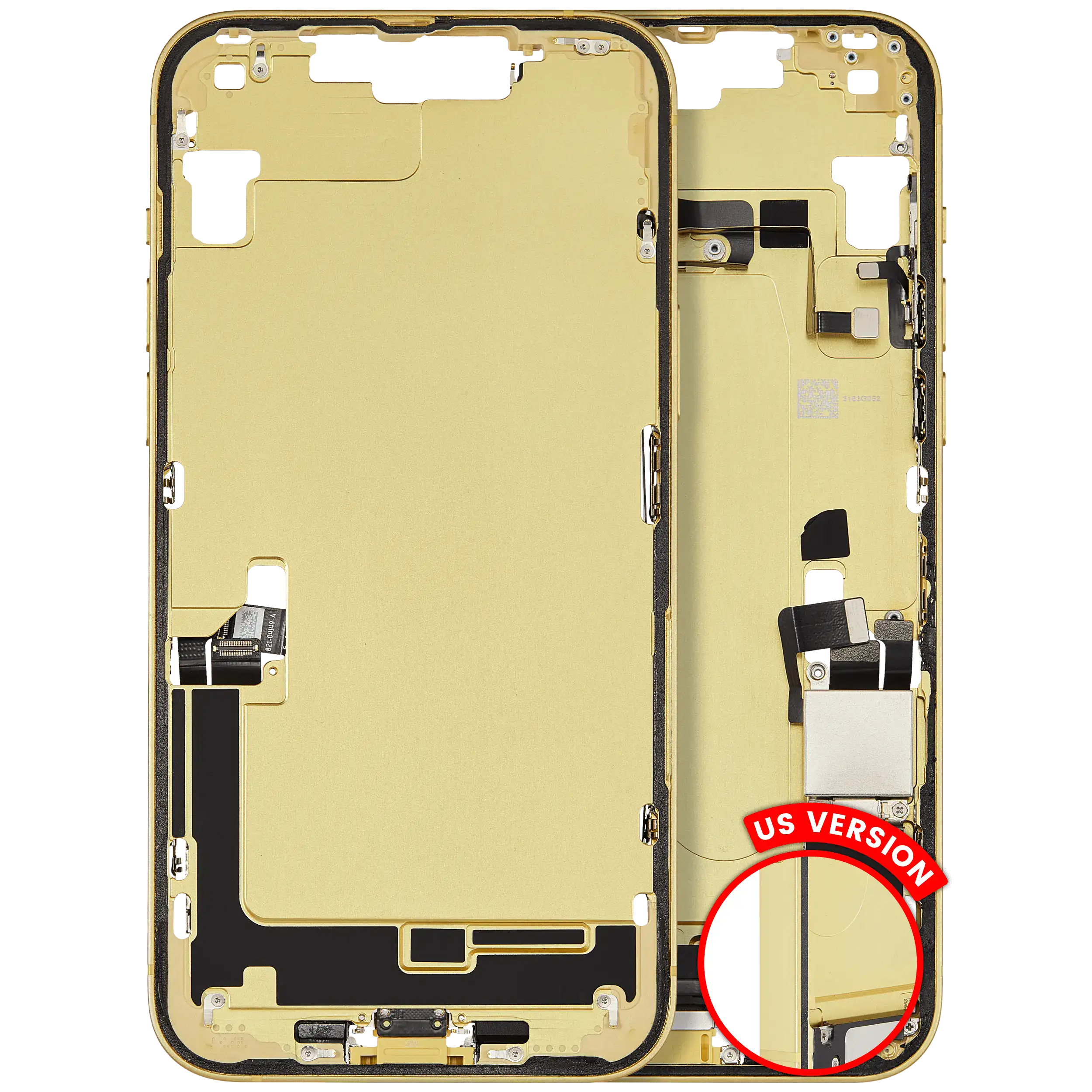 Midframe/Frame with Charging Port Flex and Small Parts for iPhone 14 Plus (US Version) (Used OEM Pull, C-Grade) (Yellow)