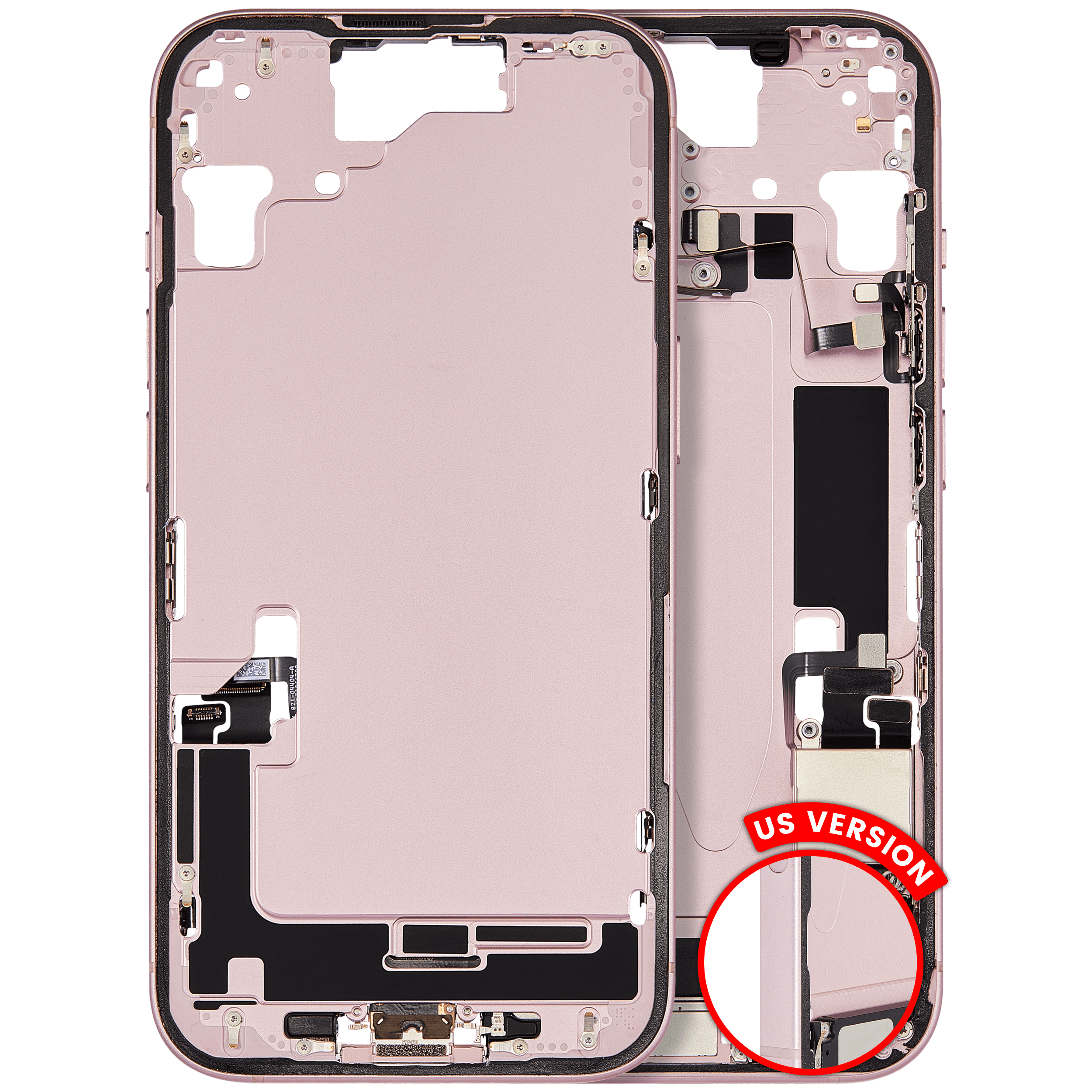 Midframe/Frame with Charging Port Flex and Small Parts for iPhone 15 (US Version) (Used OEM Pull, Grade A) (Pink)