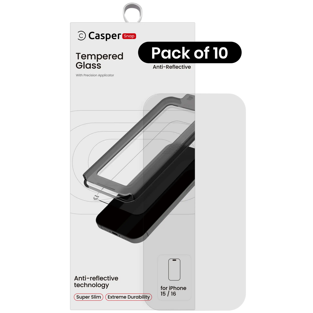 Casper Snap Tempered Glass compatible with iPhone 15/16 (10-pack, AR Clear)