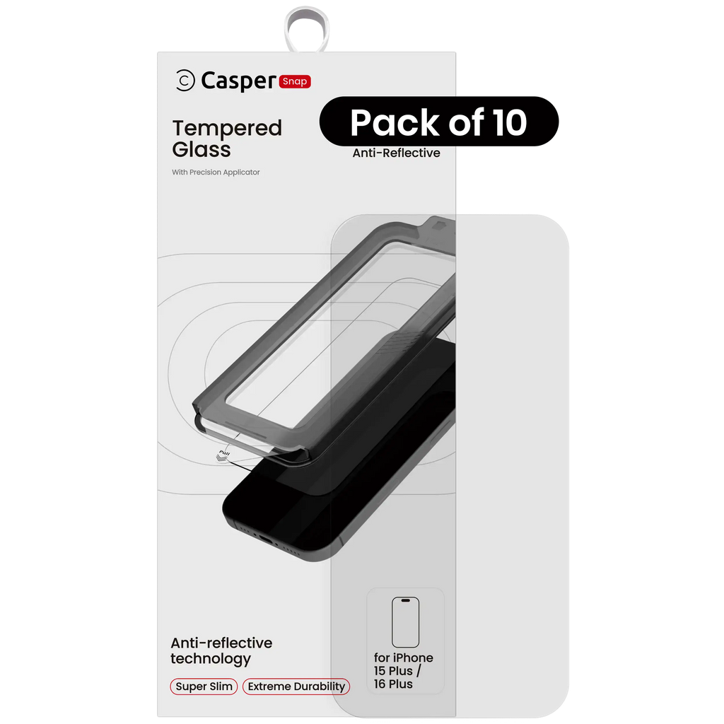 Casper Snap Tempered Glass compatible with iPhone 15 Plus / 16 Plus (10-Pack) AR Clear