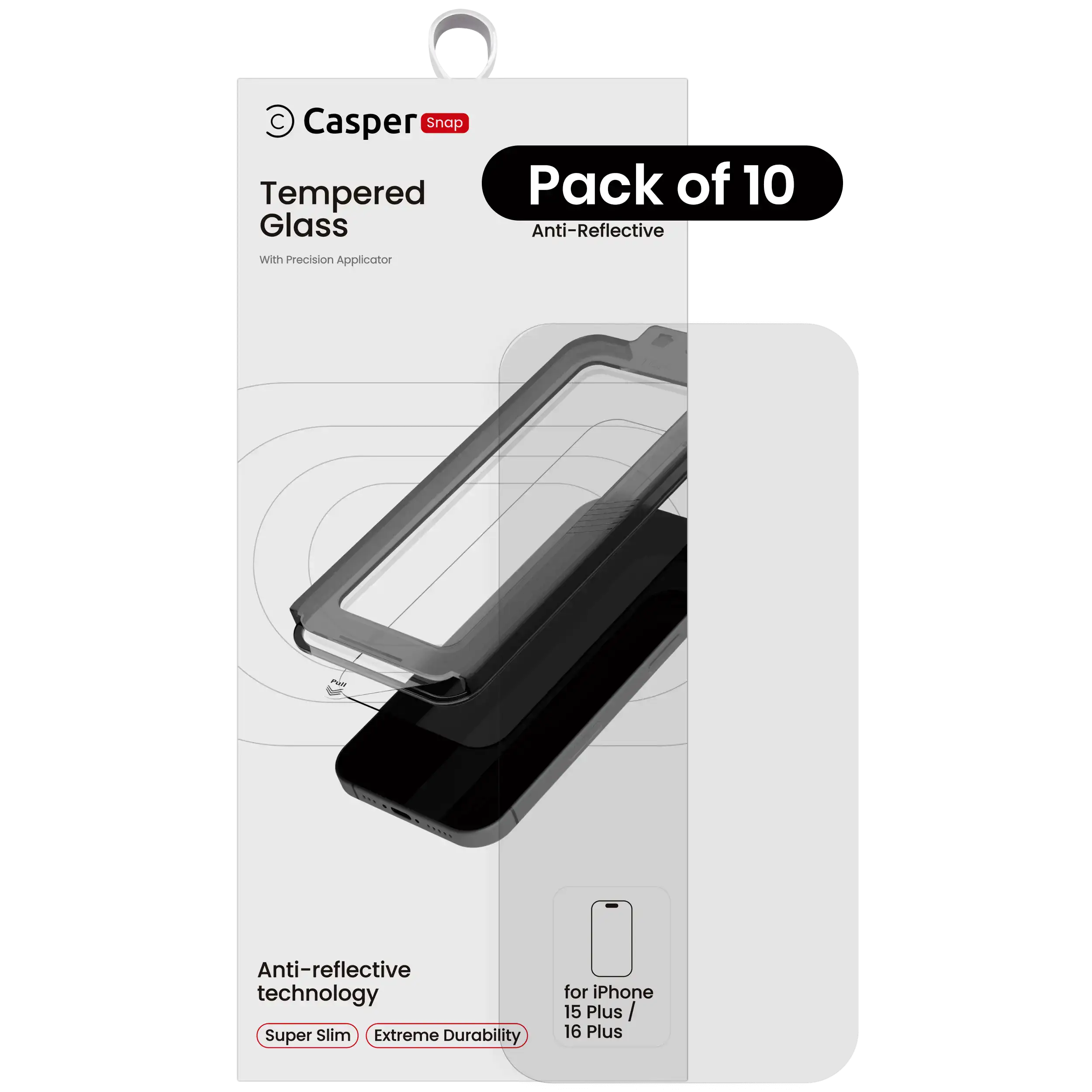 Casper Snap Temperglas für iPhone 15/16 Plus (10er-Pack) AR Clear