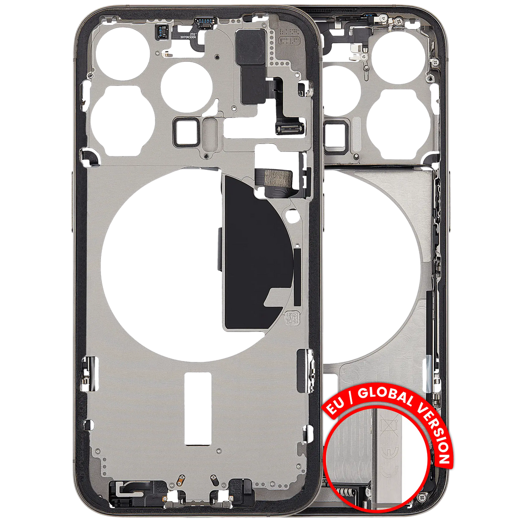 Midframe/Frame with Charging Port Flex and Small Parts for iPhone 15 Pro (EU/Global Version) (used OEM removal, Grade B) (Natural Titanium)