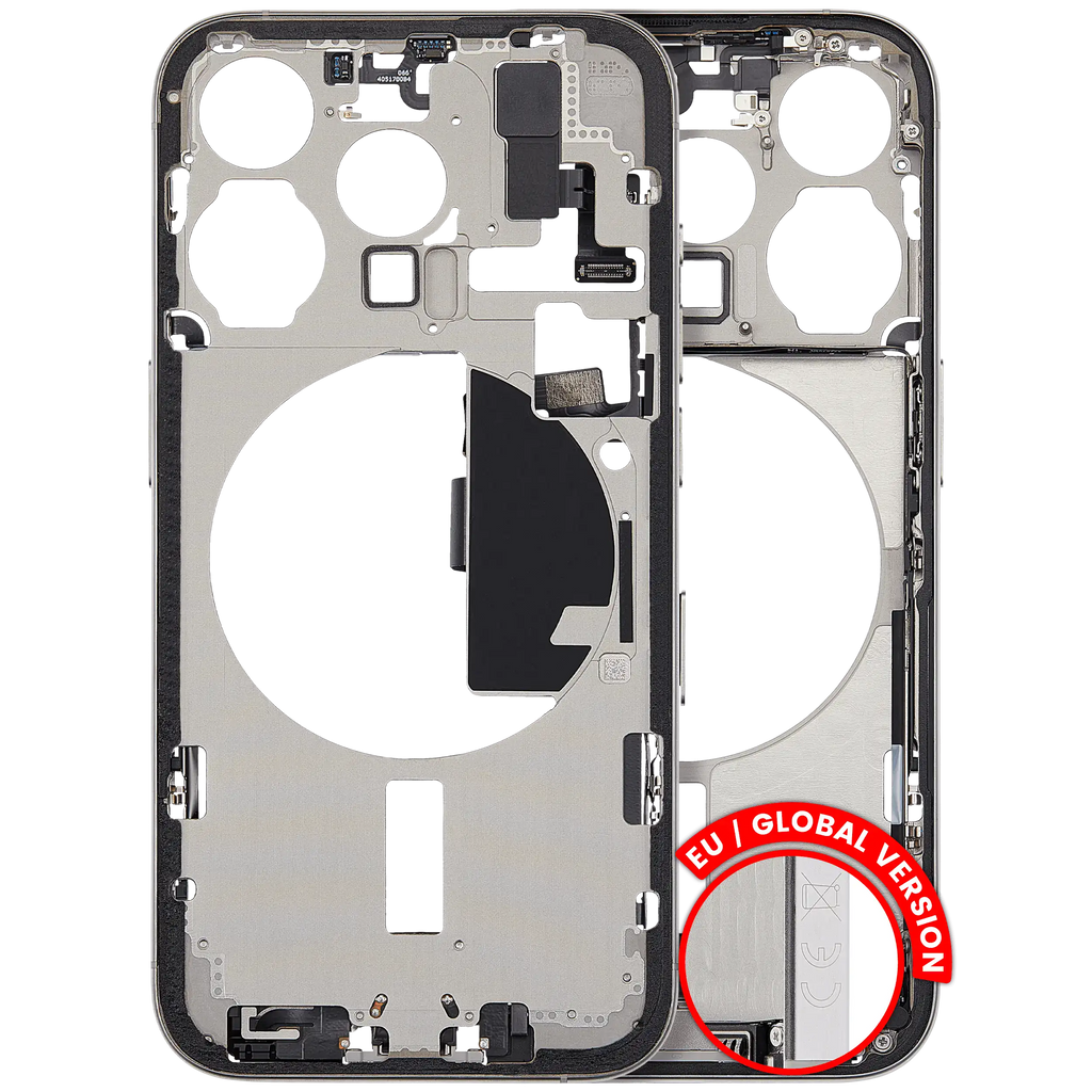 Midframe/Frame with Charging Port Flex and Small Parts for iPhone 15 Pro (EU/Global Version) – Used OEM Pulled, Quality A (White Titanium)