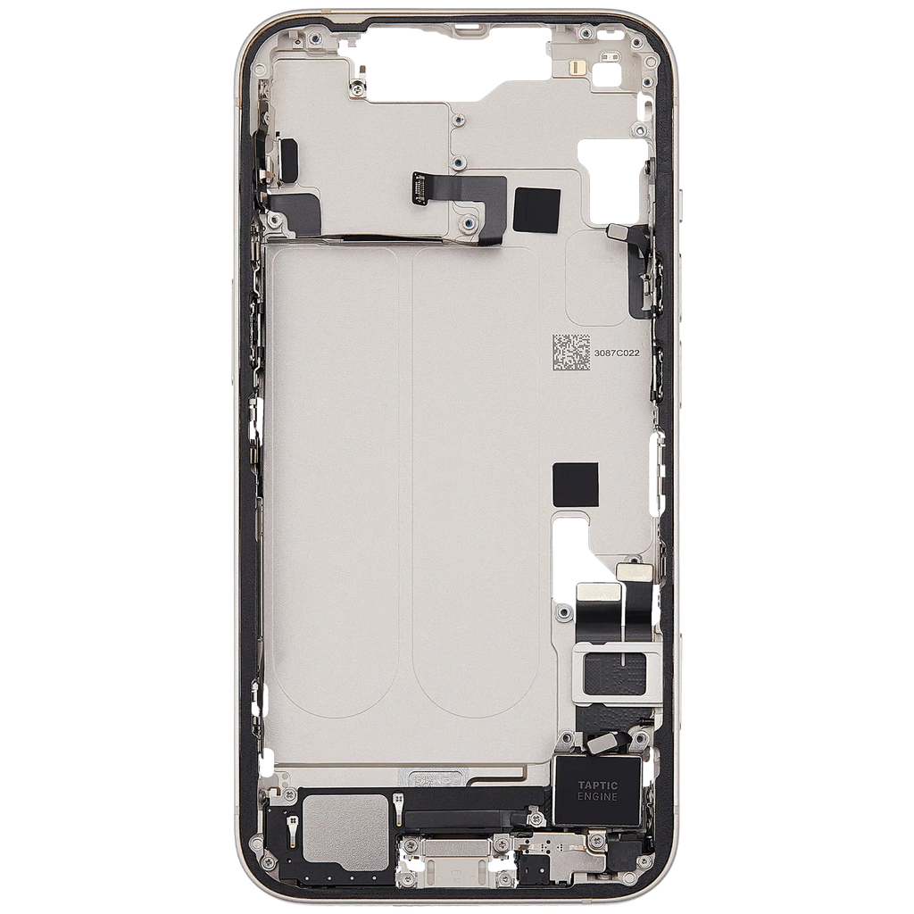 Mittelrahmen-Gehäuse mit Ladebuchse-Flex & Kleinteilen für iPhone 14 (EU/Global Version) (Gebrauchter OEM Pull: Grad B) (Starlight)