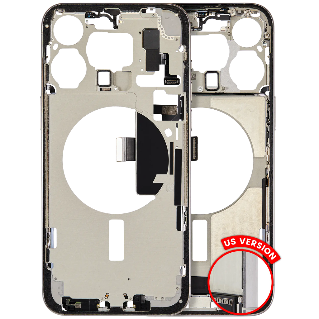 Midframe/Frame with Charging Port Flex and Small Parts for iPhone 15 Pro Max (US Version) – Used OEM Pulled, Quality B (White Titanium)