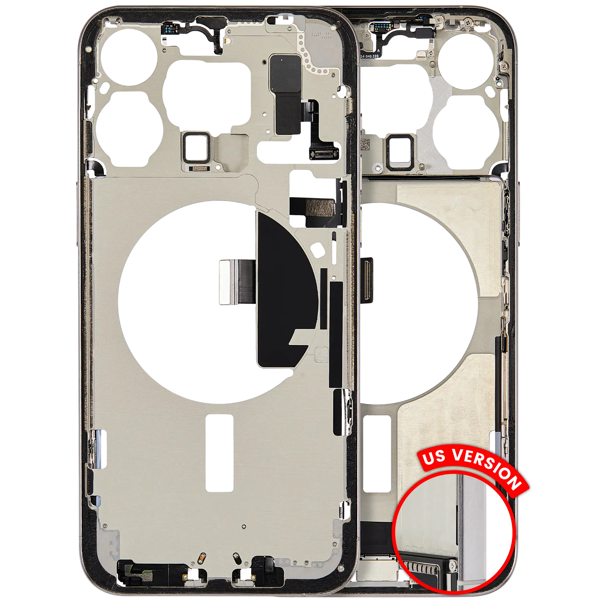 Midframe/Frame with Charging Port Flex and Small Parts for iPhone 15 Pro Max (US Version) – Used OEM Pulled, Quality B (White Titanium)