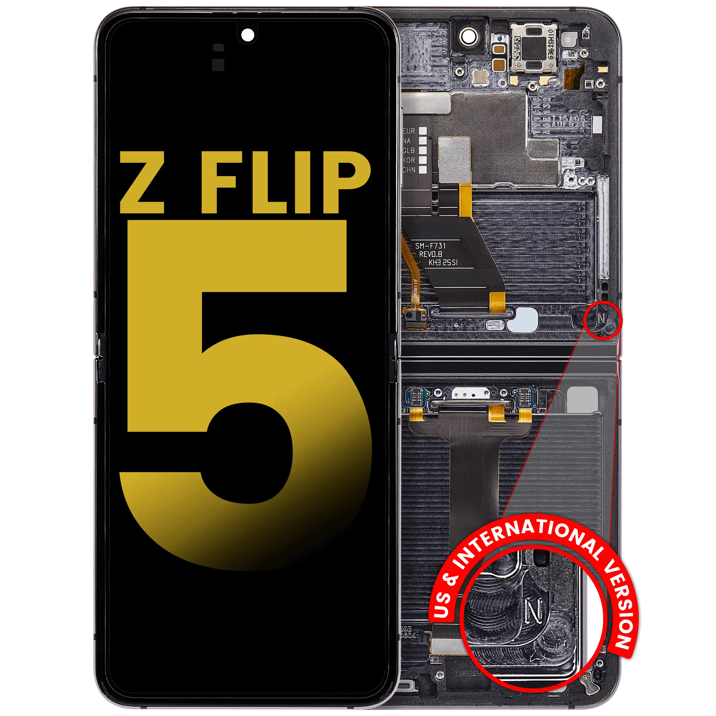 Inner OLED-Display mit Rahmen Compatible für Samsung Galaxy Z Flip 5 5G (F731) (US & International) (Refurbished) (Phantom Black)