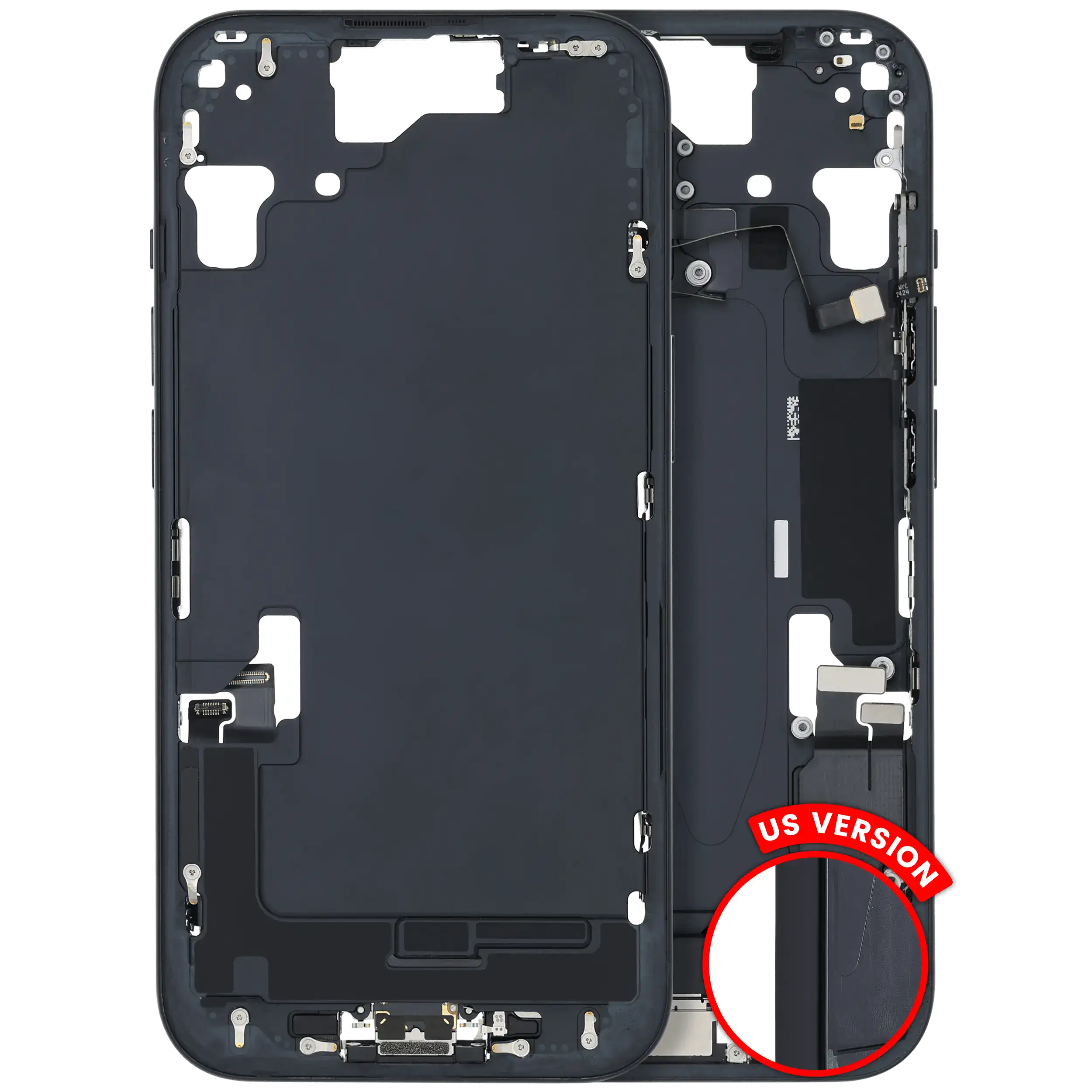 Midframe/Frame with Charging Port Flex and Small Parts for iPhone 15 (US Version) (Used OEM Pull, B Quality) (Black)