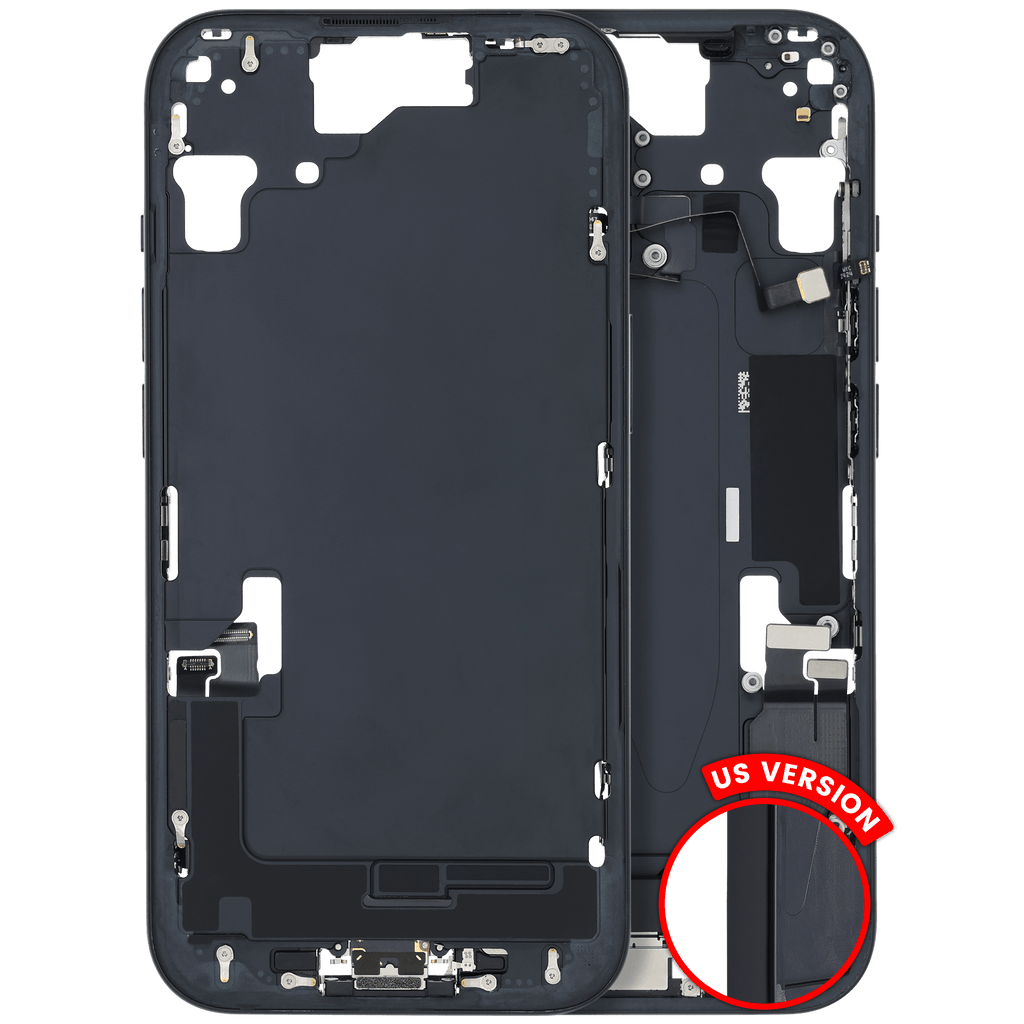 Midframe/Frame with Charging Port Flex and Small Parts for iPhone 15 (US Version) (Used OEM Pull, Grade C) (Black)
