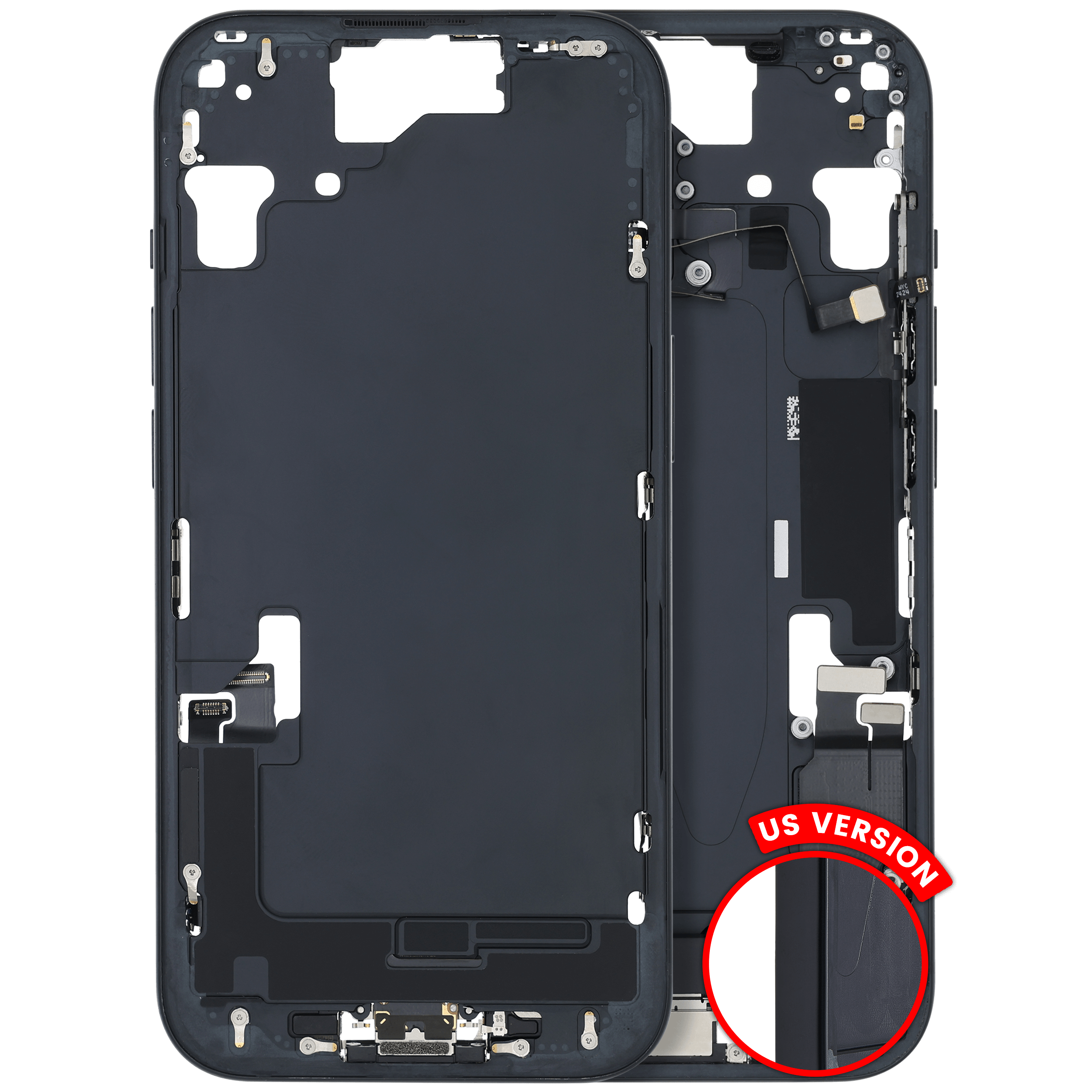 Midframe/Frame with Charging Port Flex and Small Parts for iPhone 15 (US Version) (Used OEM Pull, Grade C) (Black)