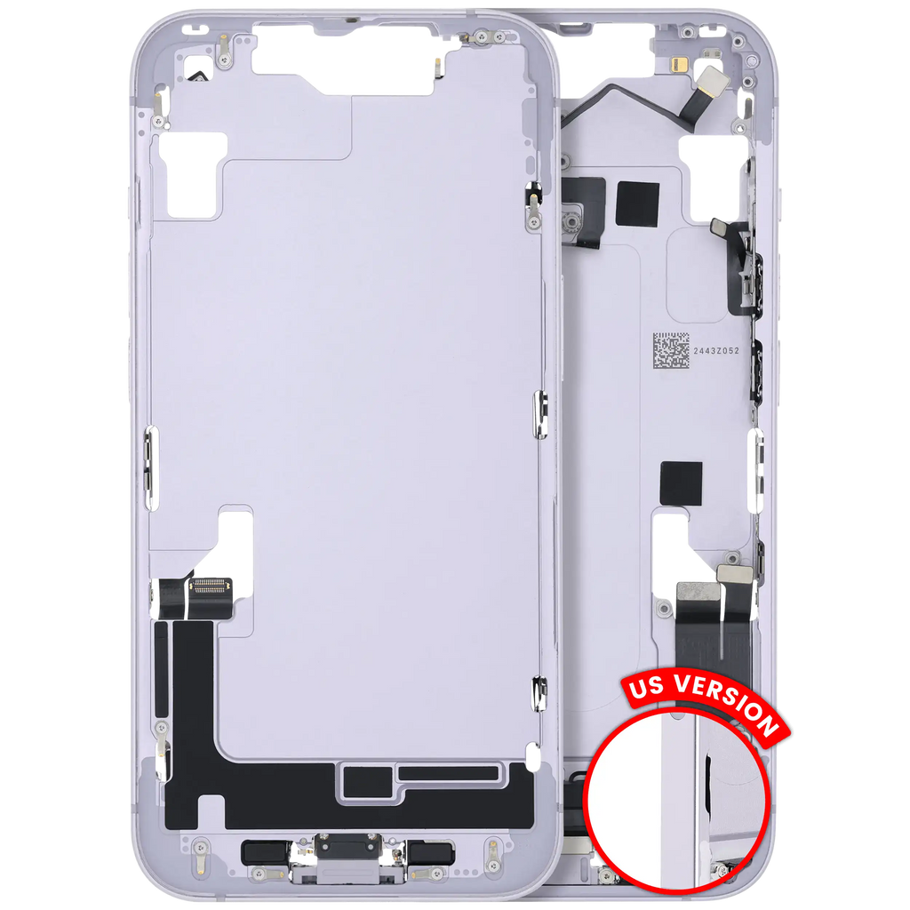 Midframe/Frame with Charging Port Flex and Small Parts for iPhone 14 (US Version) (Used OEM, Grade B, Purple)