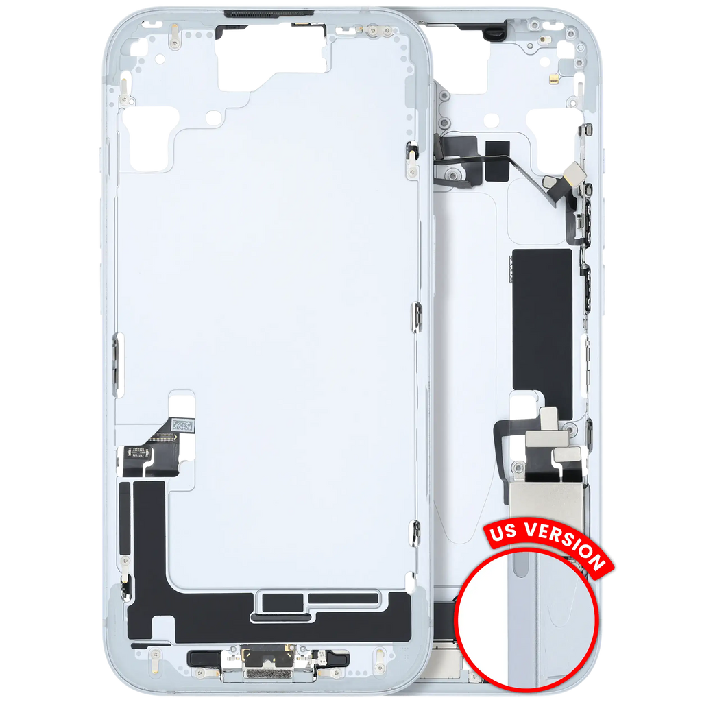 Midframe/Frame with Charging Port Flex and Small Parts for iPhone 15 (US Version) (Used OEM, Grade A) (Blue)