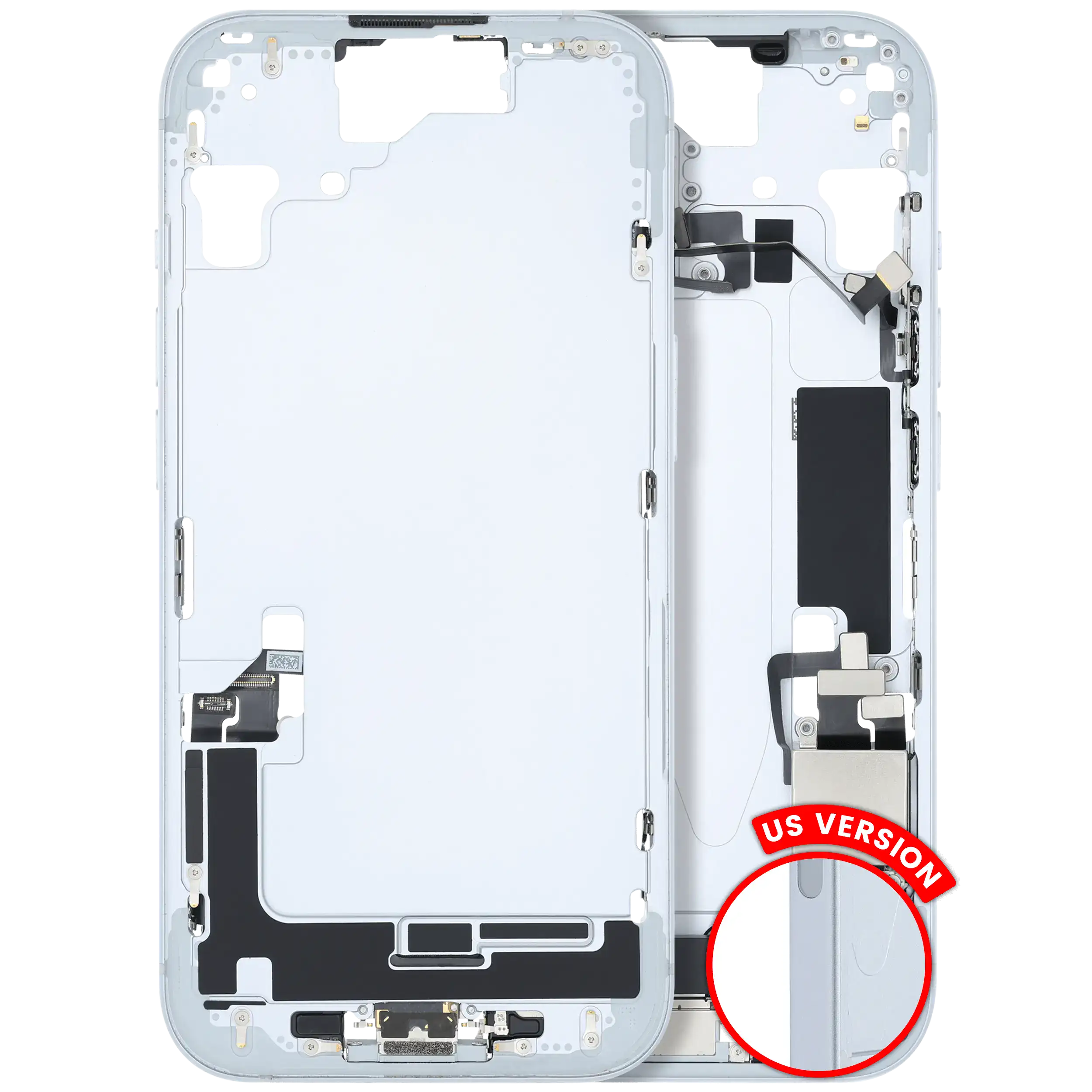 Midframe/Frame with Charging Port Flex and Small Parts for iPhone 15 (US Version) (Used OEM, Grade A) (Blue)