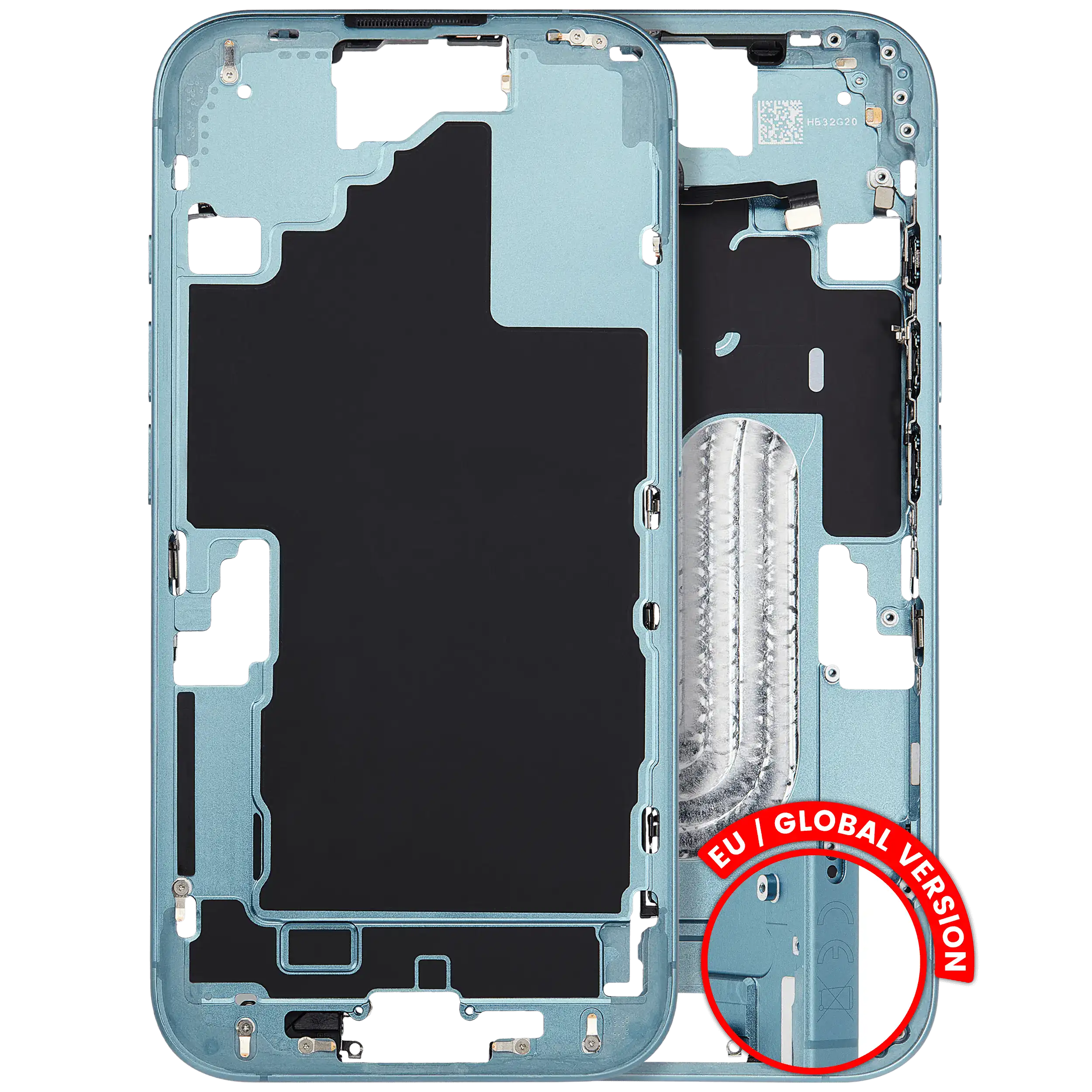 Midframe/Rahmen mit Kleinteilen für iPhone 16, OEM Pull C, gebraucht, Teal
