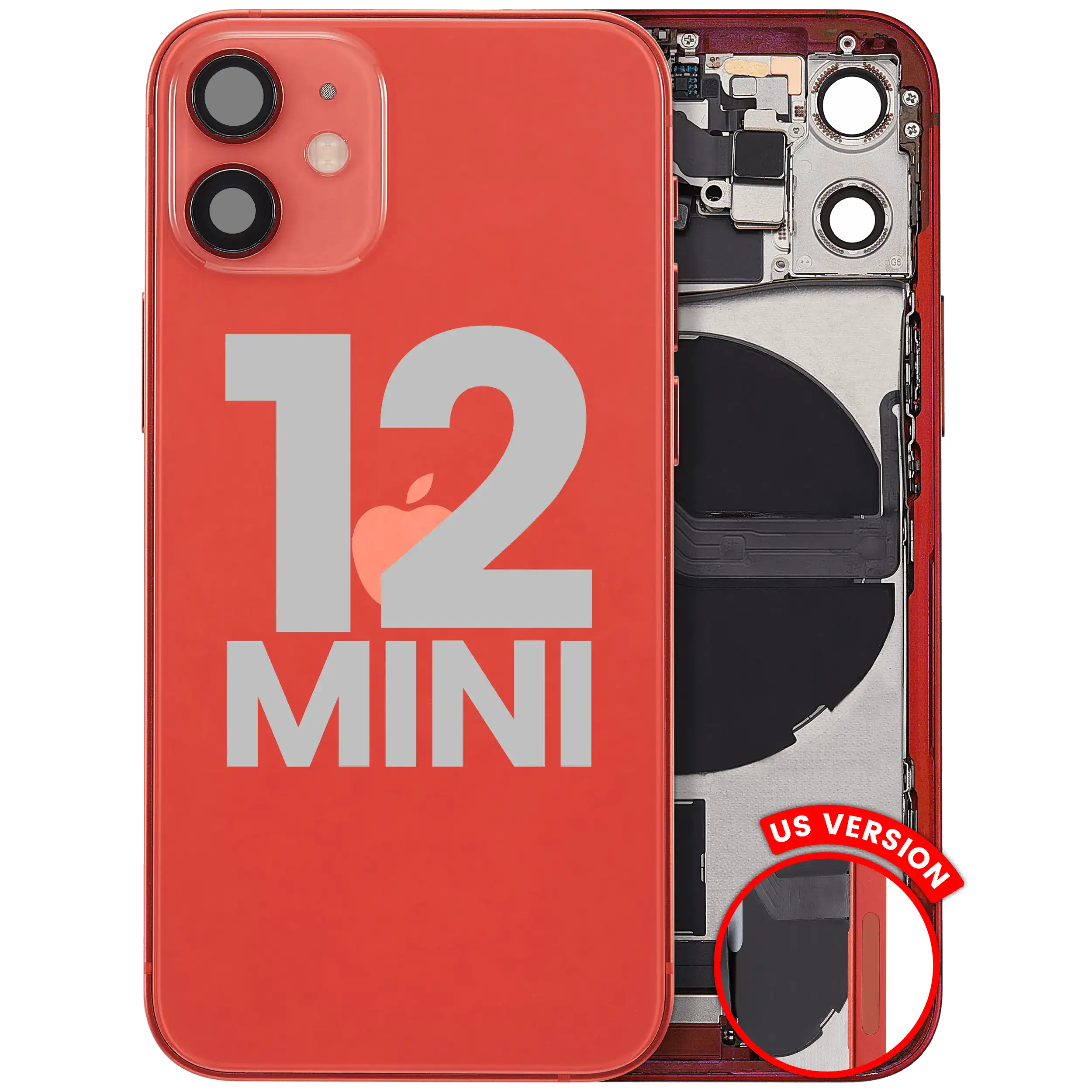Back Cover/Frame with Charging Port Flex and Small Parts for iPhone 12 Mini (US Version) (Used OEM Pull, Grade A) (Red)