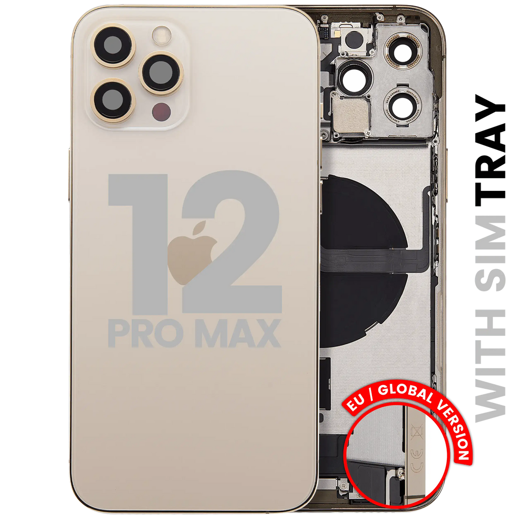 Back Cover/Frame with Charging Port Flex and Small Parts for iPhone 12 Pro Max (EU/Global Version), OEM Pull (Used, Grade A), Gold