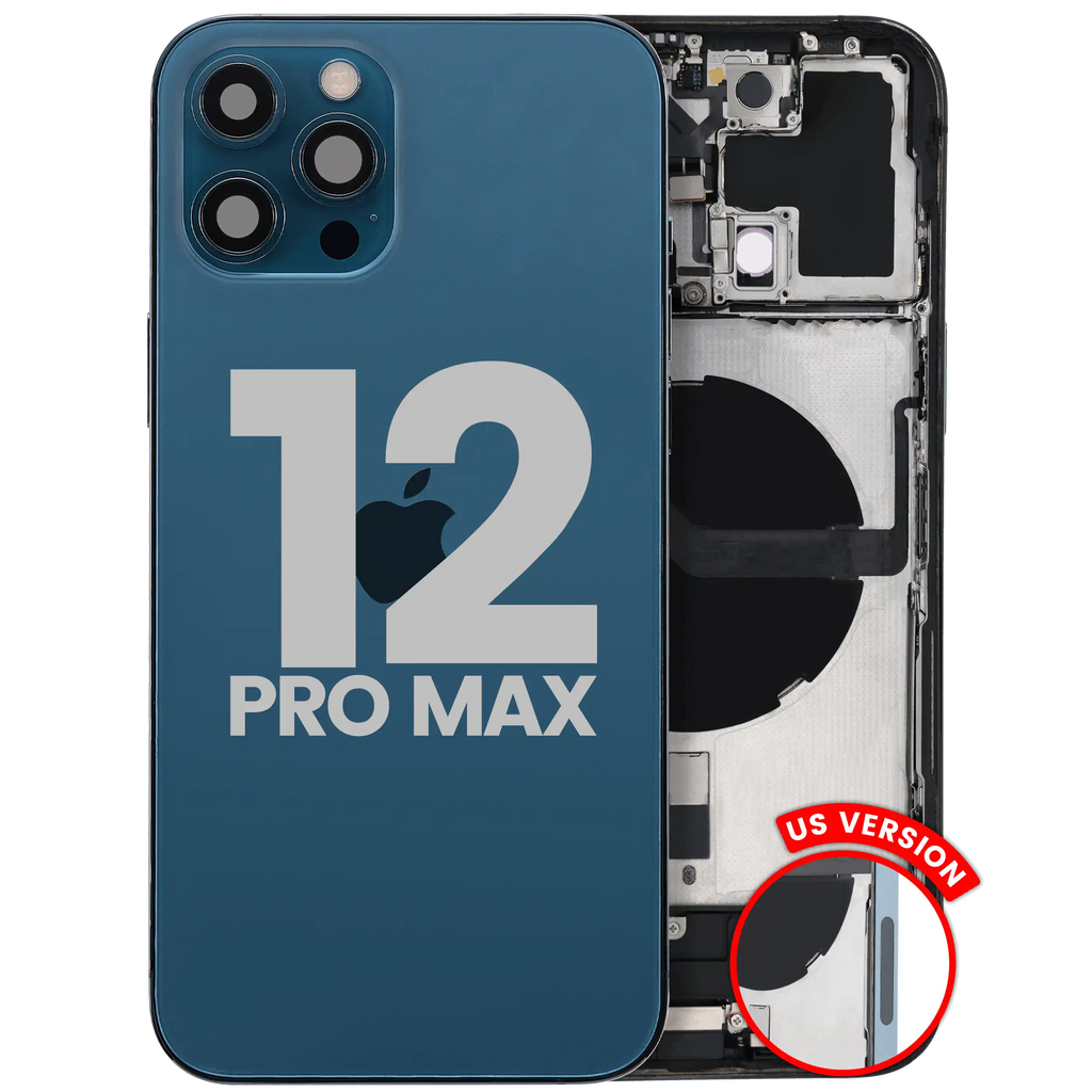 Back Cover/Frame with Charging Port Flex and Small Parts for iPhone 12 Pro Max (US Version) – Used OEM Pulled, Quality C – Pacific Blue
