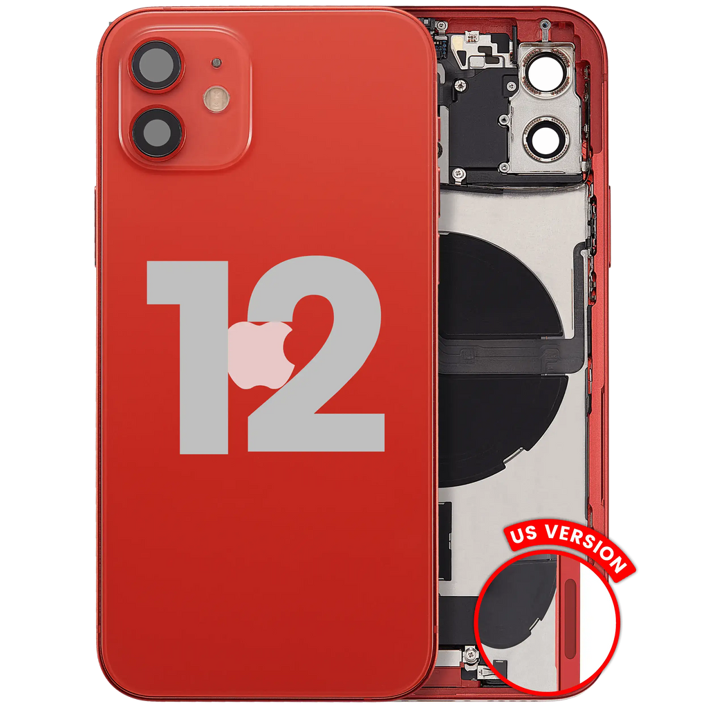 Back cover/frame with charging port flex cable and small parts for iPhone 12 (US Version) (used OEM removal, Grade A) (Red)