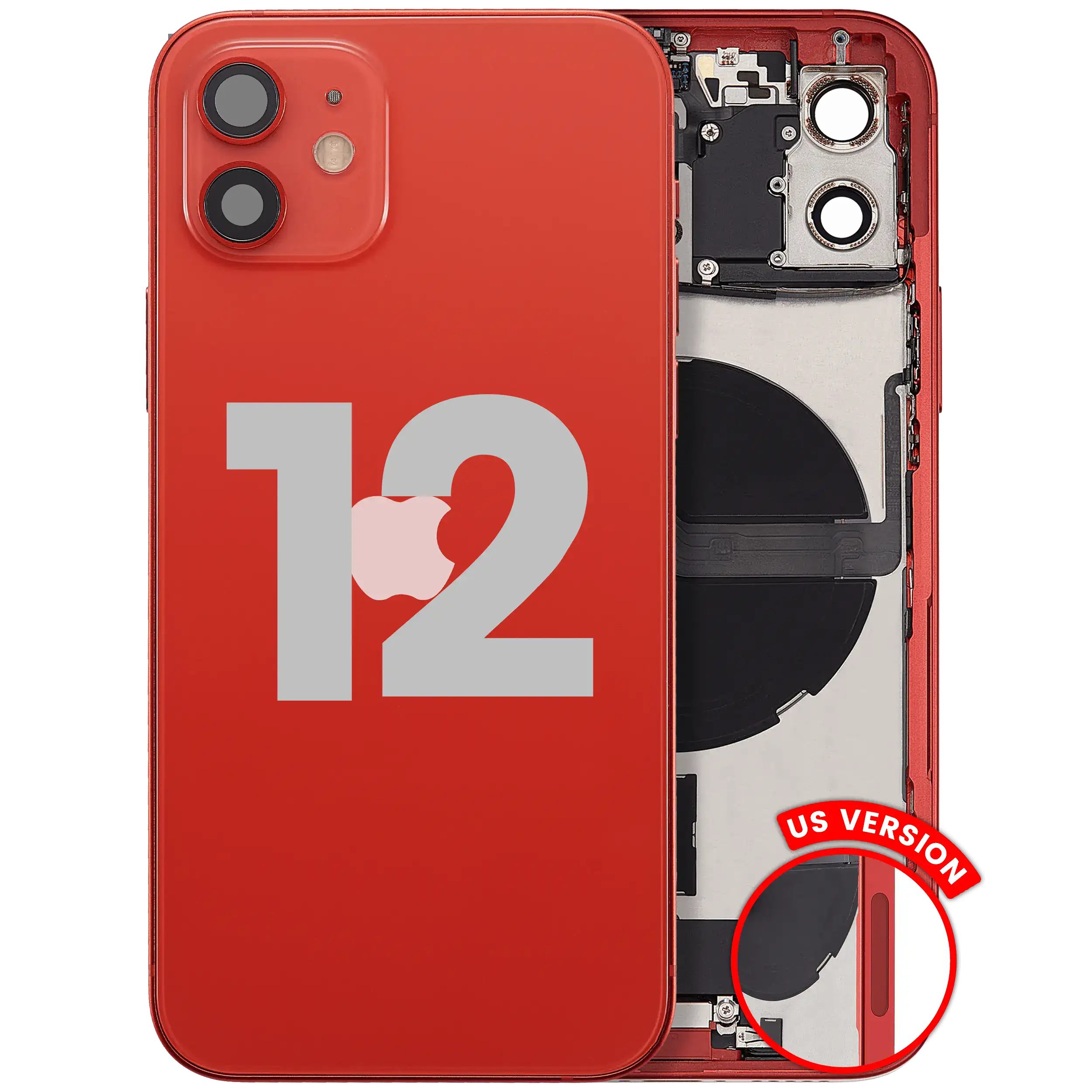 Back cover/frame with charging port flex cable and small parts for iPhone 12 (US Version) (used OEM removal, Grade A) (Red)