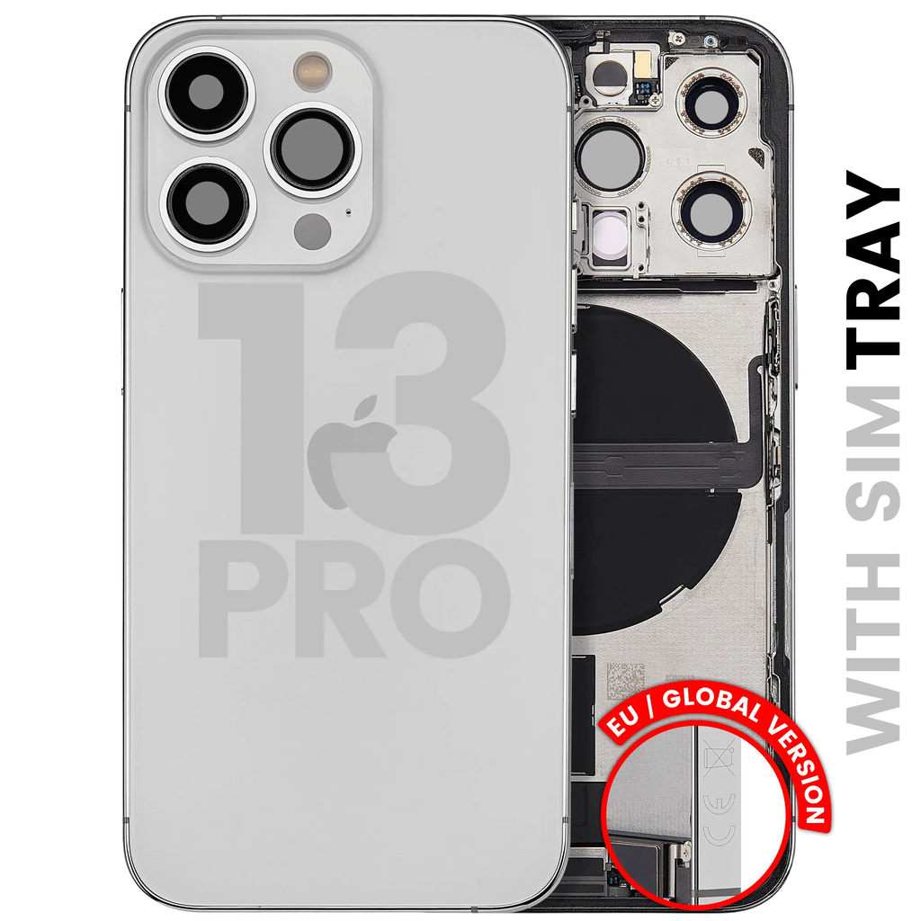 Back Cover/Frame with Charging Port Flex and Small Parts for iPhone 13 Pro (EU/Global) – Silver – Used OEM Pull, Quality A