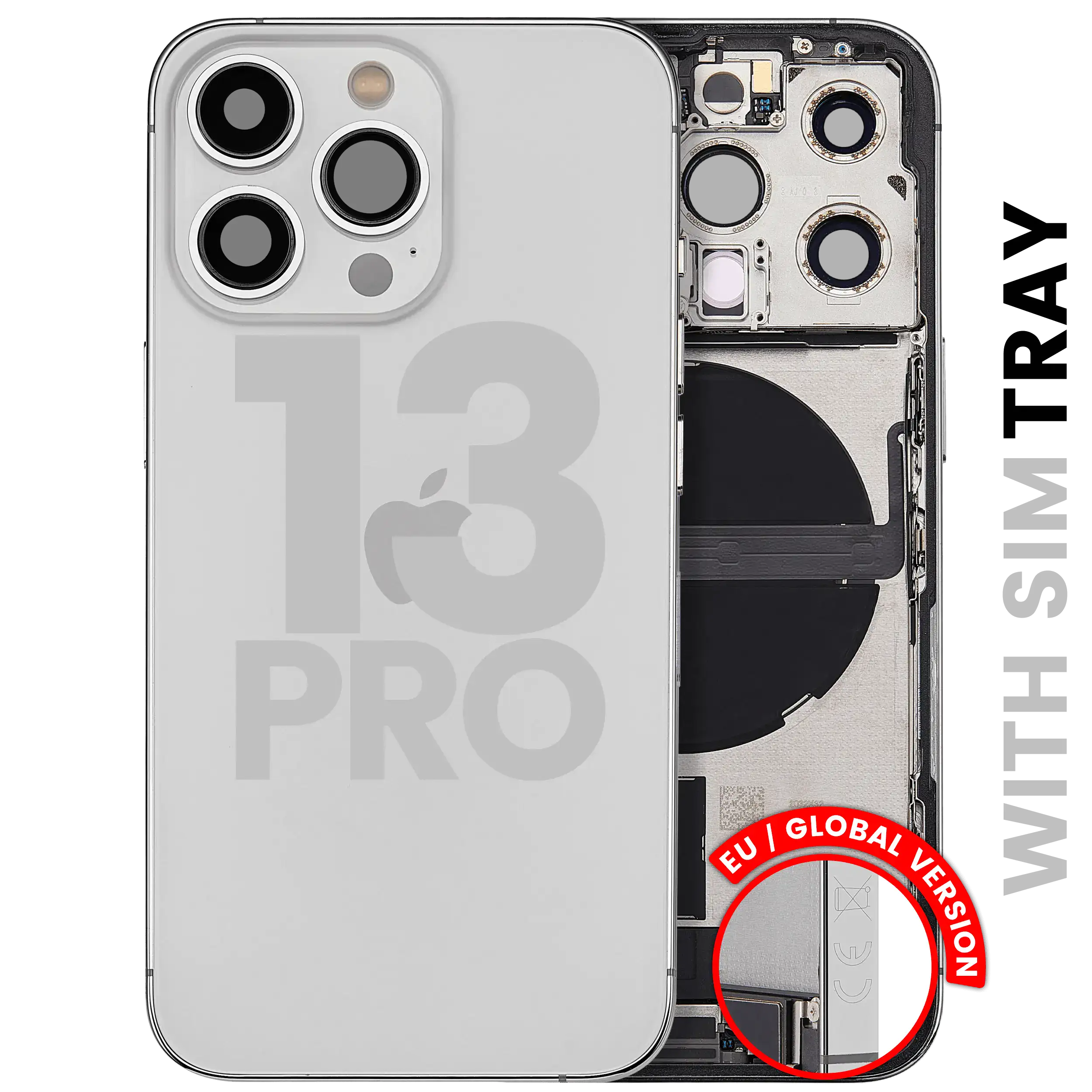 Back Cover/Frame with Charging Port Flex and Small Parts for iPhone 13 Pro (EU/Global) – Silver – Used OEM Pull, Quality A