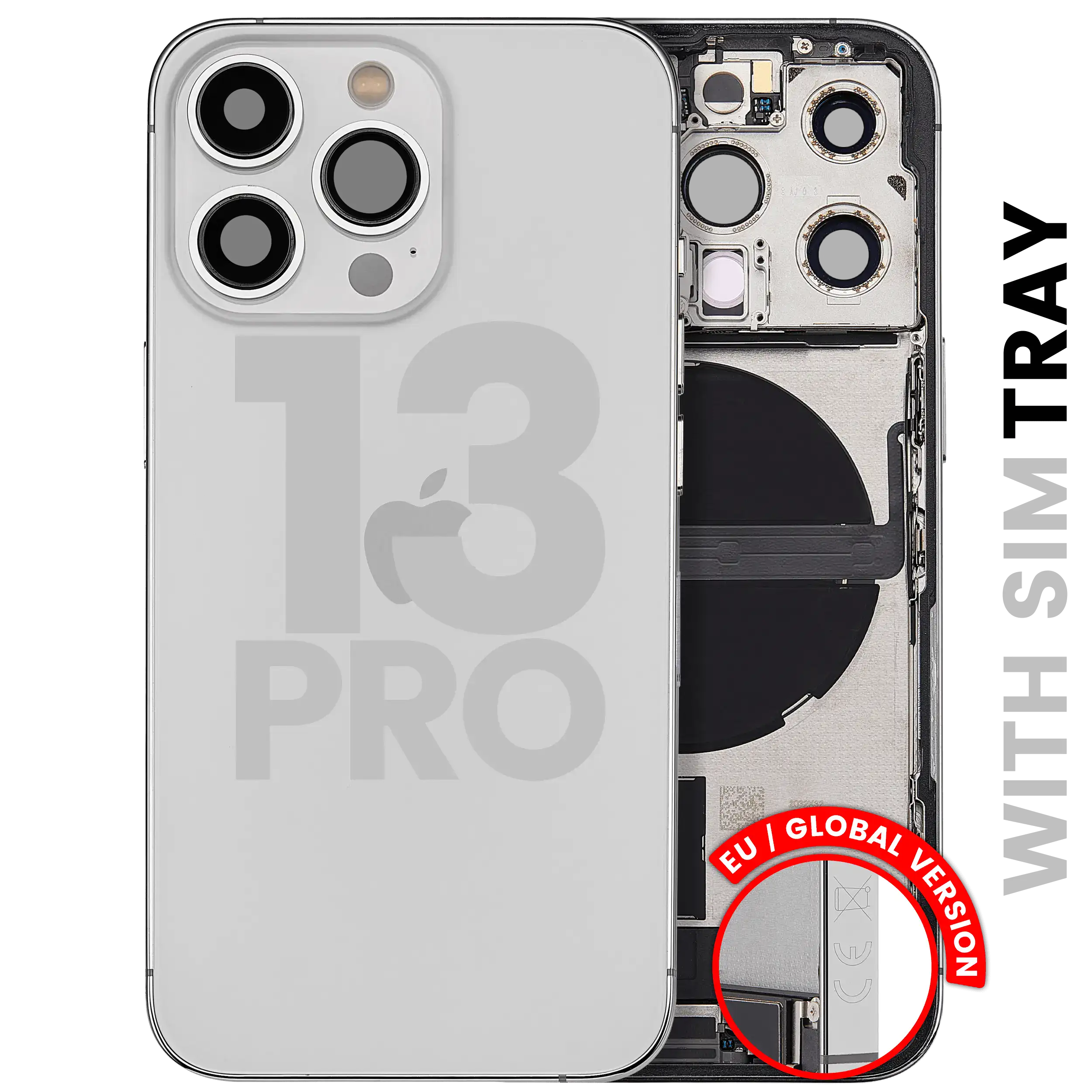 Backcover/Rahmen mit Ladebuchse-Flexkabel und Kleinteilen für iPhone 13 Pro (EU/Global Version) (Gebrauchtes OEM Pull: Grade C) (Silber)