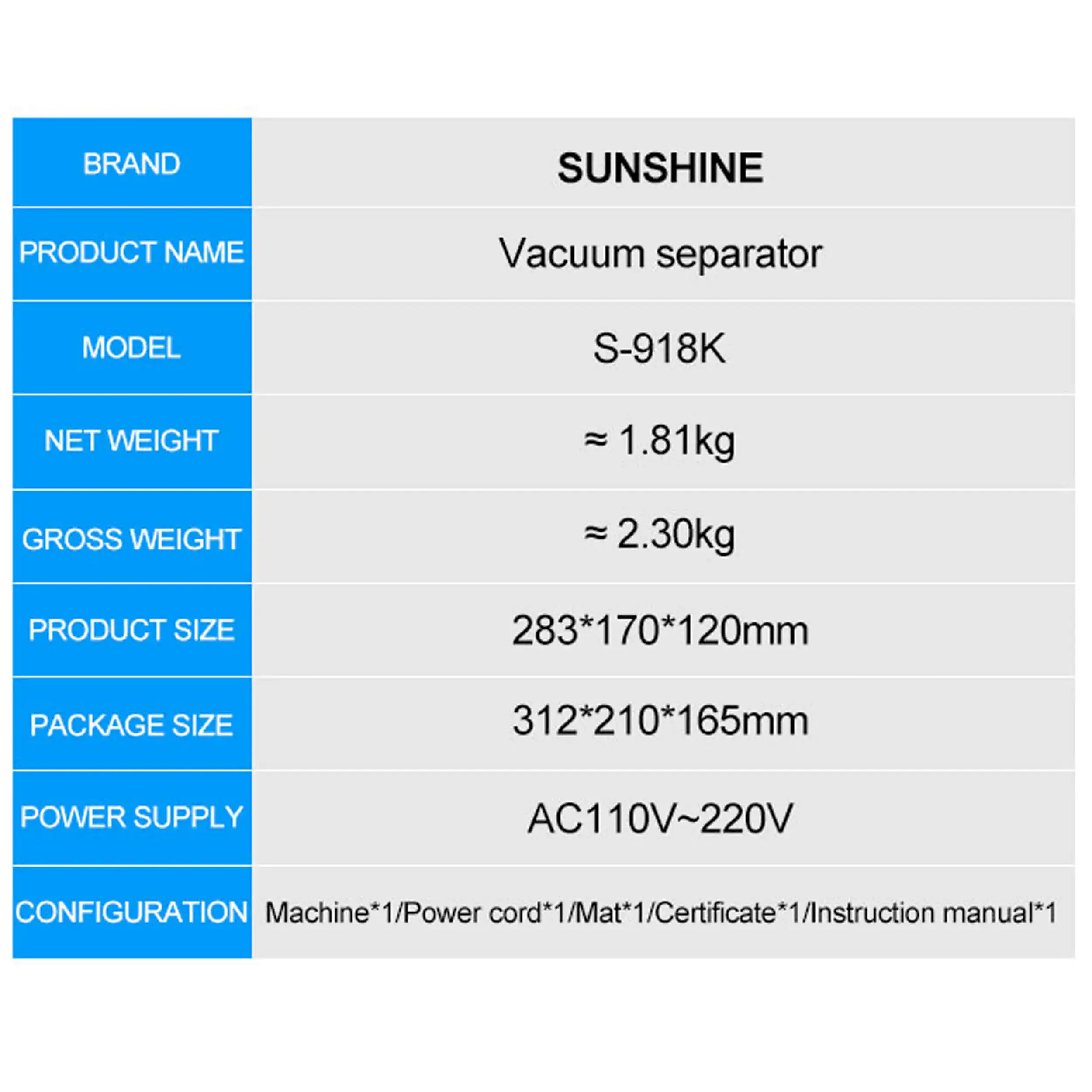 Sunshine S-918K LCD Separator Machine with Built-in Vacuum Pump, 8.5 Inch, 110V