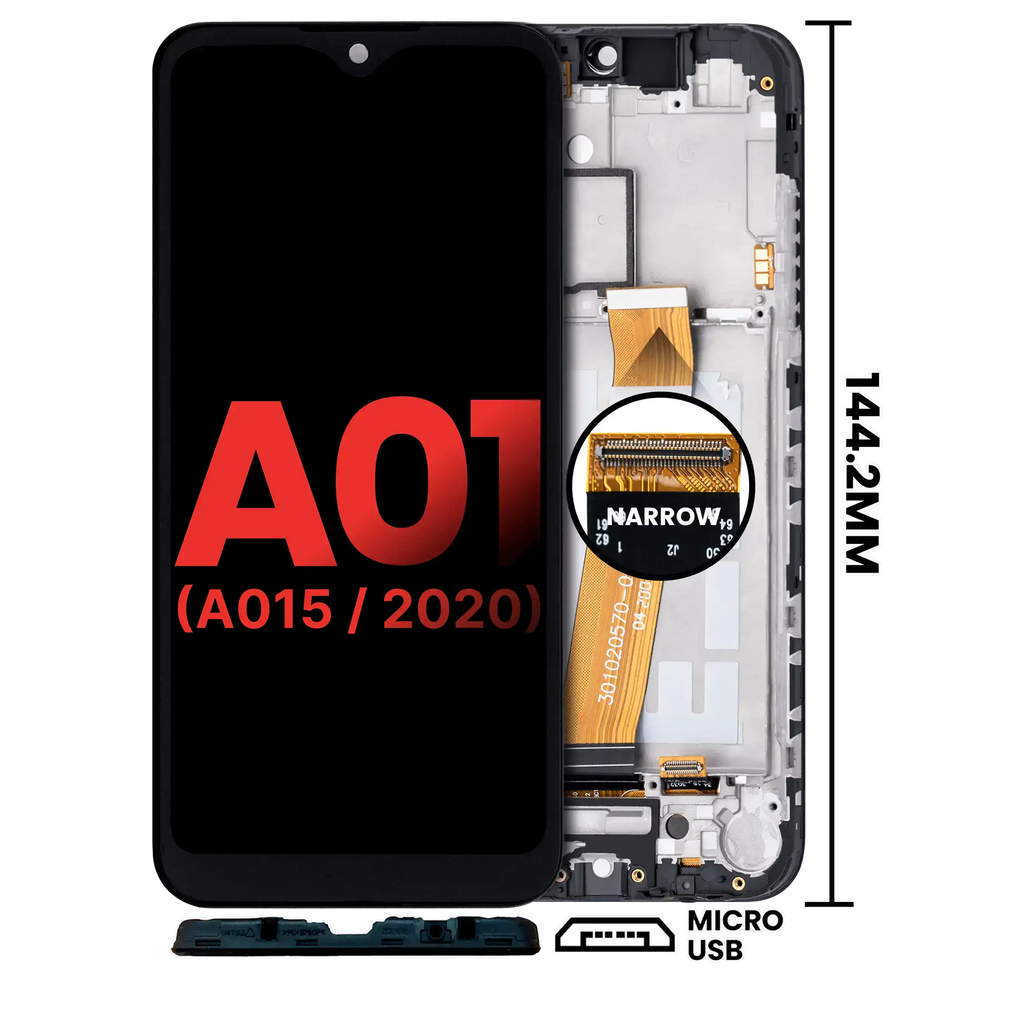 LCD-Display m. Rahmen f. Samsung A01 4G (Micro-USB, Aftermarket+, alle Farben)