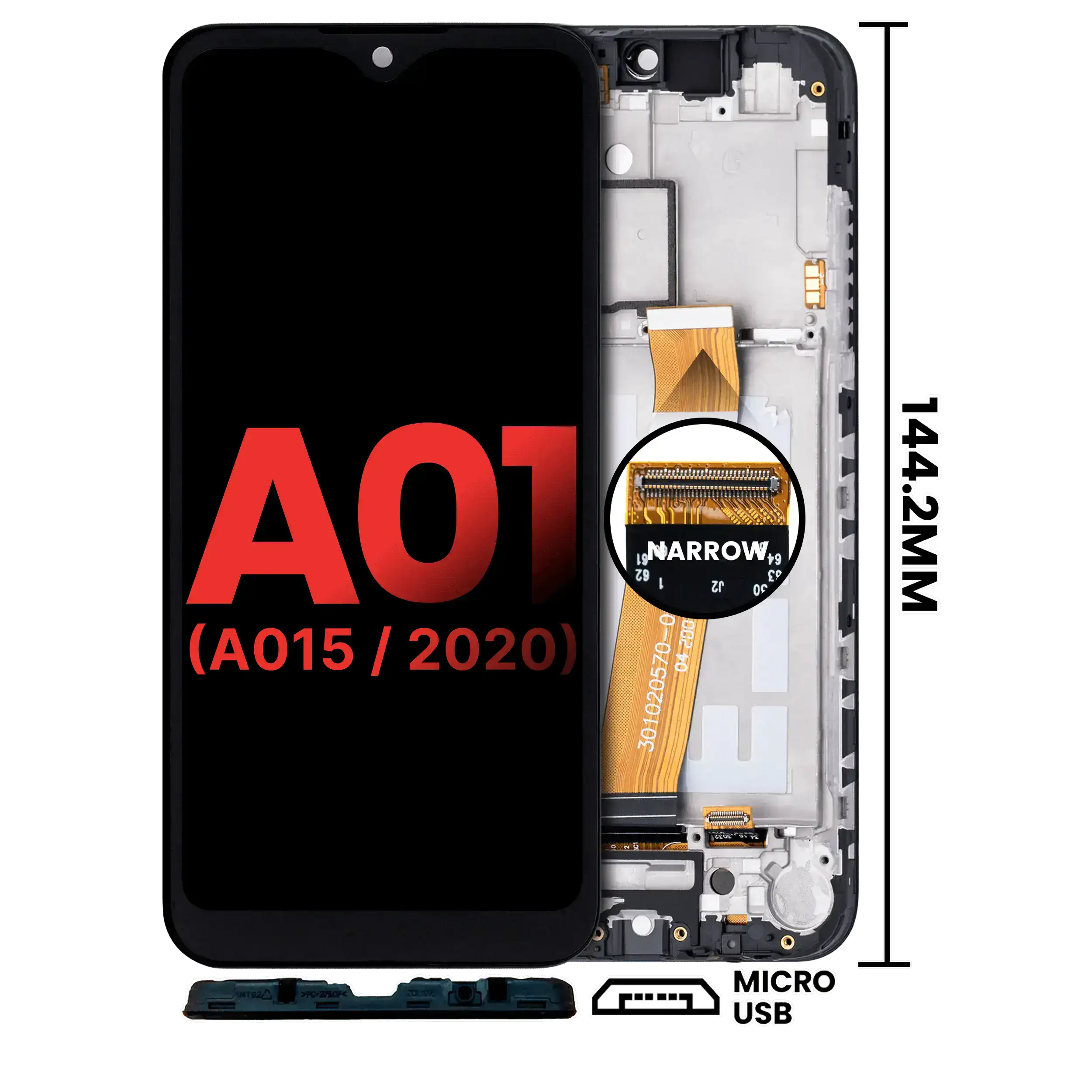 LCD-Display m. Rahmen f. Samsung A01 4G (Micro-USB, Aftermarket+, alle Farben)