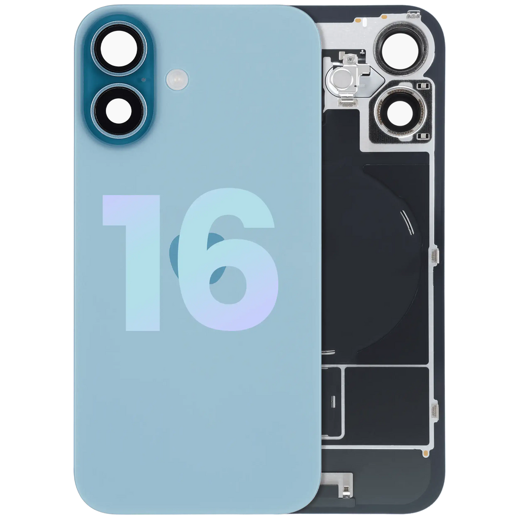 Back cover with steel plate, NFC charging function, MagSafe magnet & flashlight flex for iPhone 16 (Service Pack) (Teal)