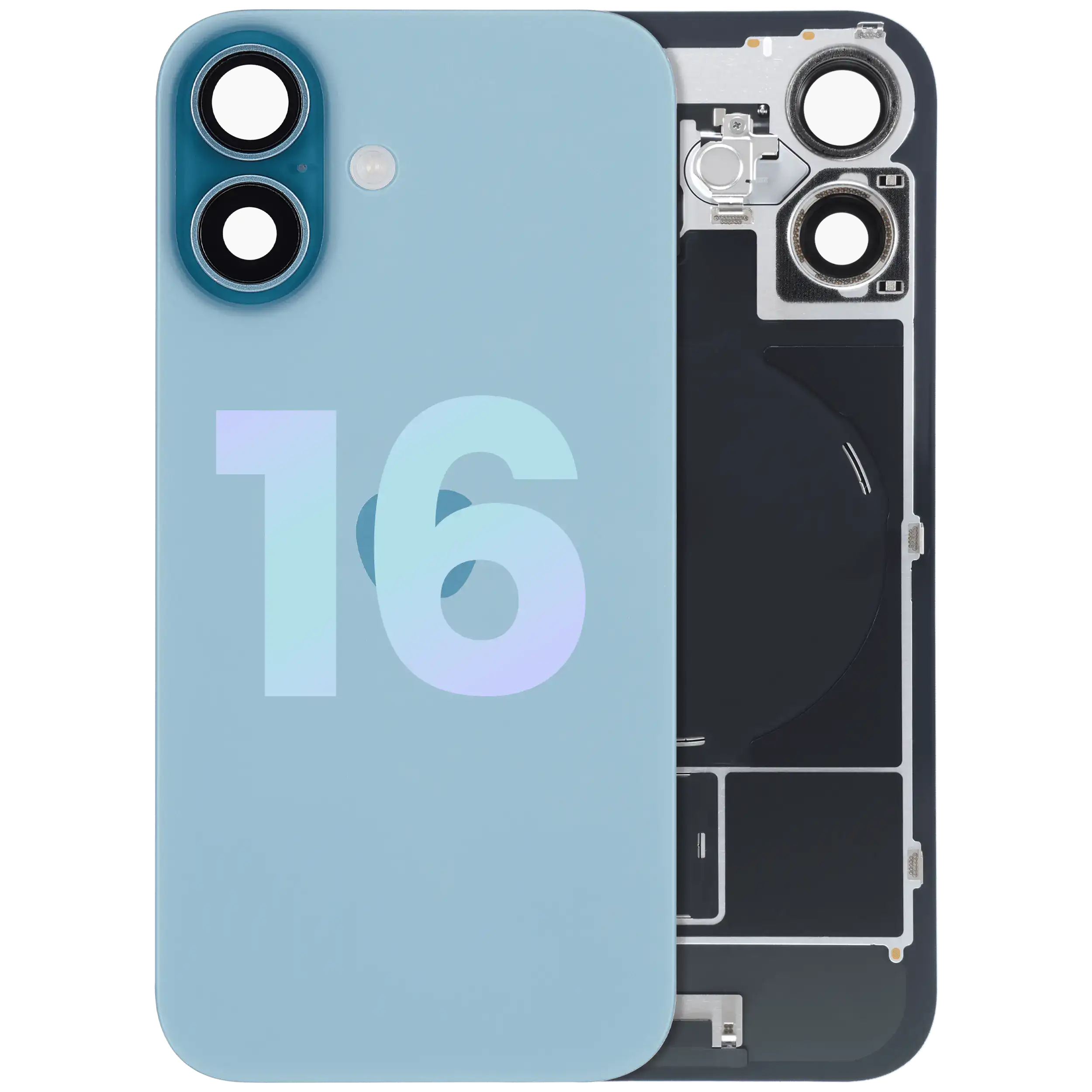 Back cover with steel plate, NFC charging function, MagSafe magnet & flashlight flex for iPhone 16 (Service Pack) (Teal)
