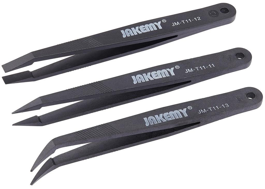 Jakemy Antistatik Hitzebeständige Flachspitz-Gebogene Pinzetten 3er Set (JM-T11)