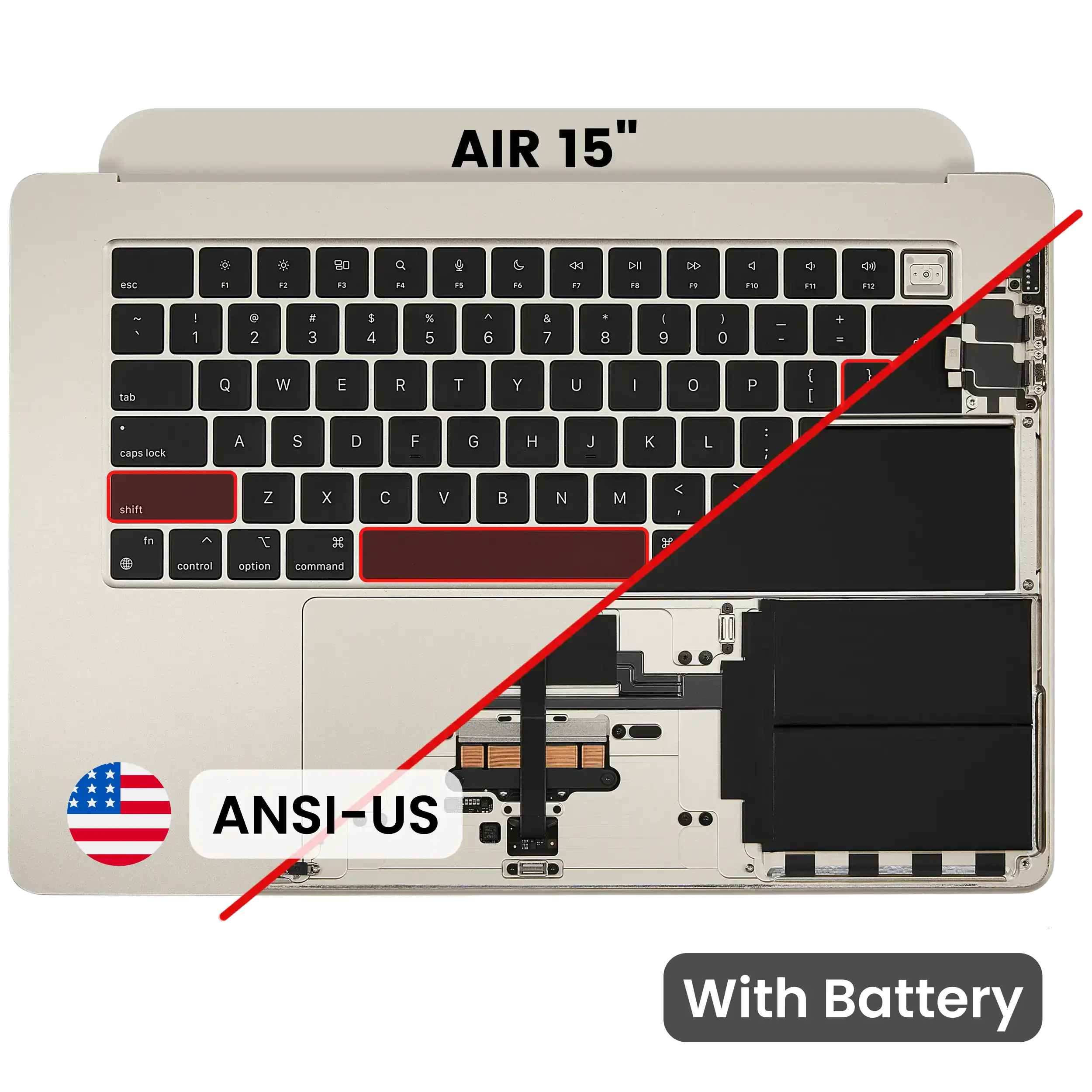 Topcase with Battery and Keyboard for MacBook Air 15" A3241 (2025) (US Keyboard) (Used OEM Pull, Grade A) (Starlight)