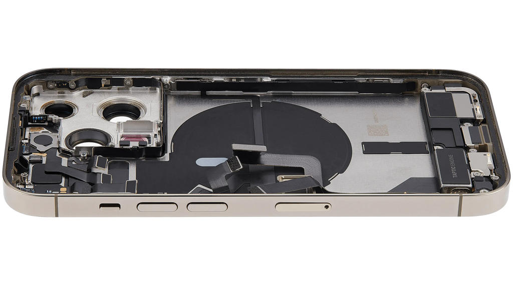 Backcover/Rahmen mit Ladebuchse Flex & Small Parts für iPhone 14 Pro (EU / Global Version) (gebrauchter OEM-Ausbau, Qualität A) (Gold)