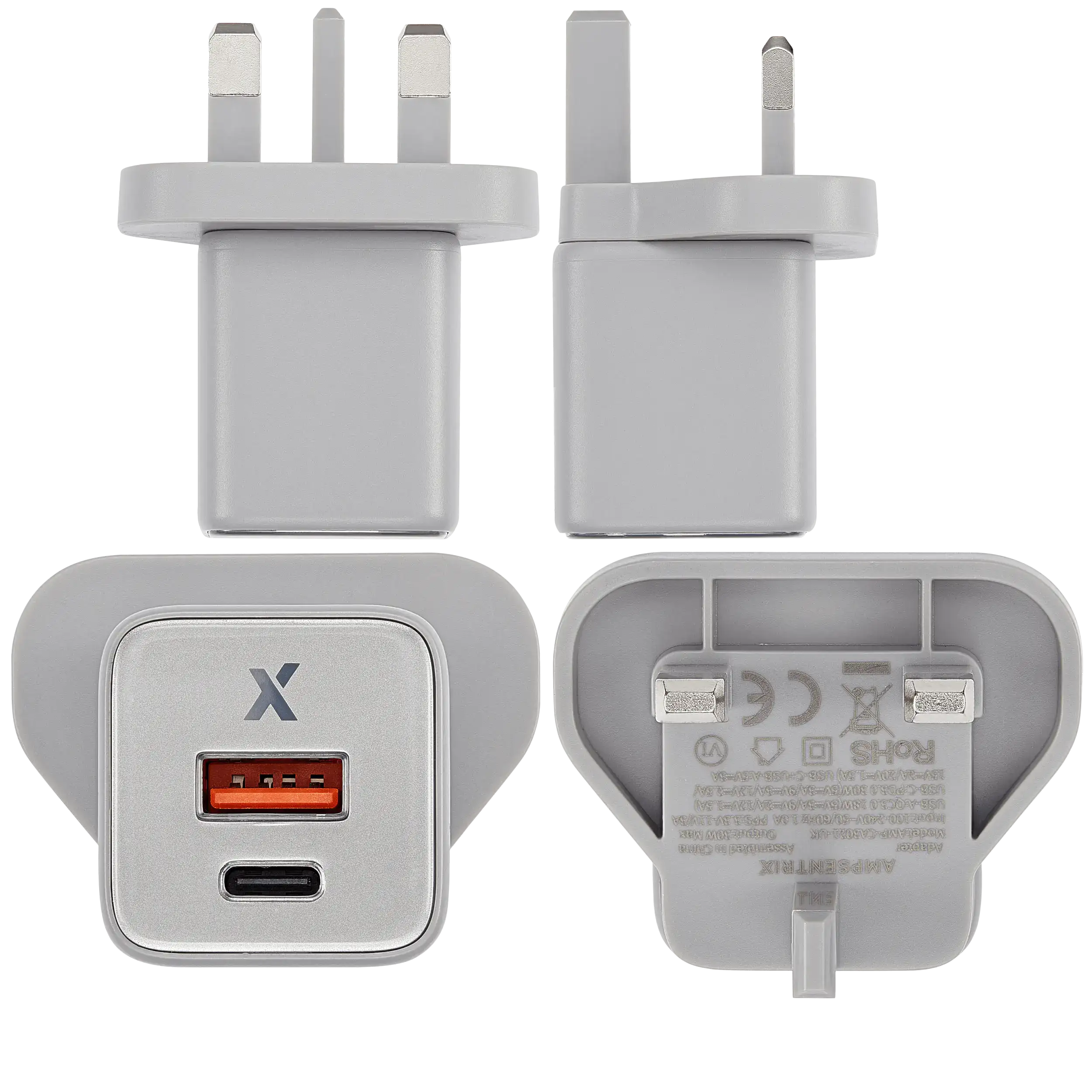 AmpSentrix 30W 2-in-1 USB-C / USB-A Wall Adapter (220V / UK Plug) (Natural Titanium)