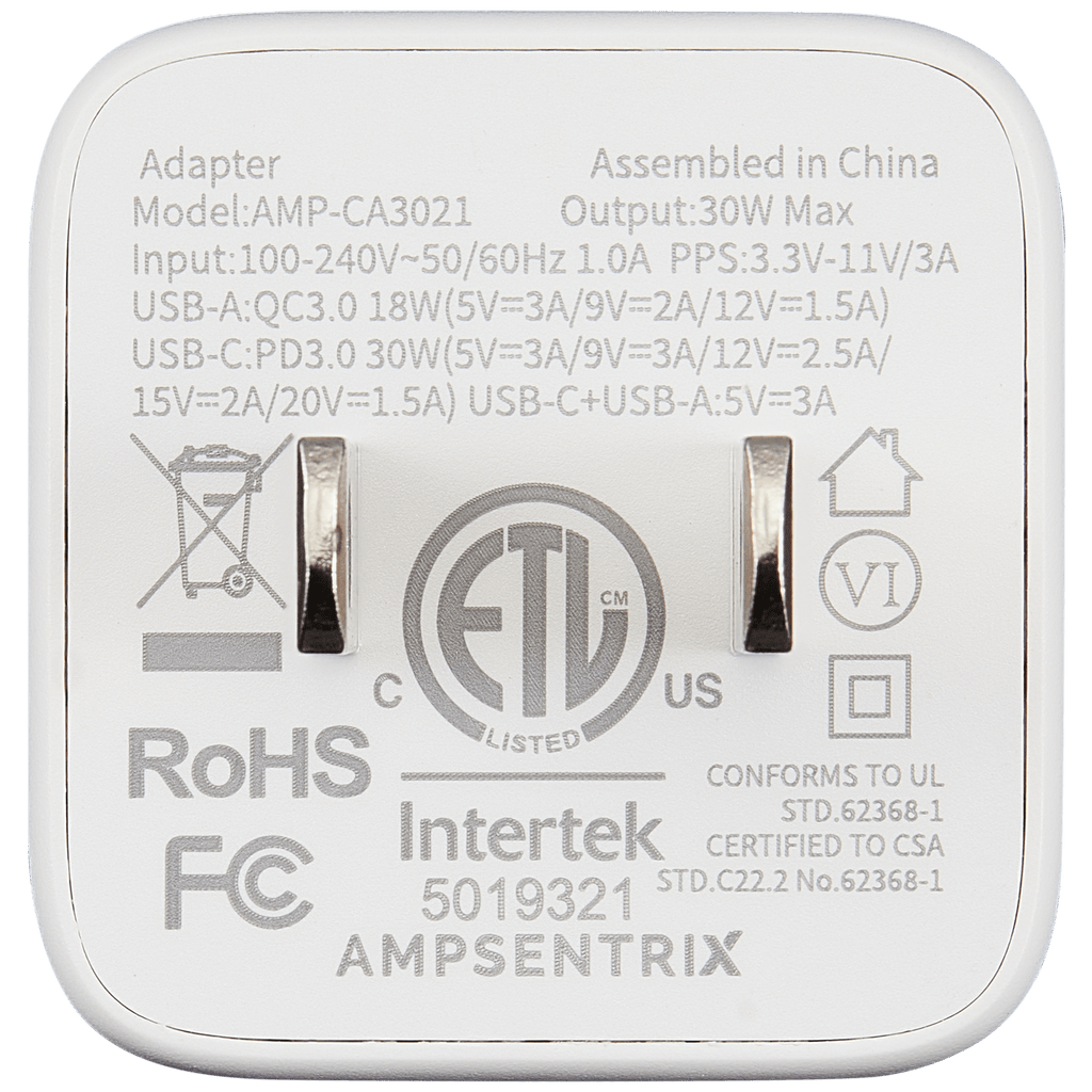AmpSentrix Pro 30W 2-in-1 USB-C / USB-A GaN Wall Adapter (Ultramarine)