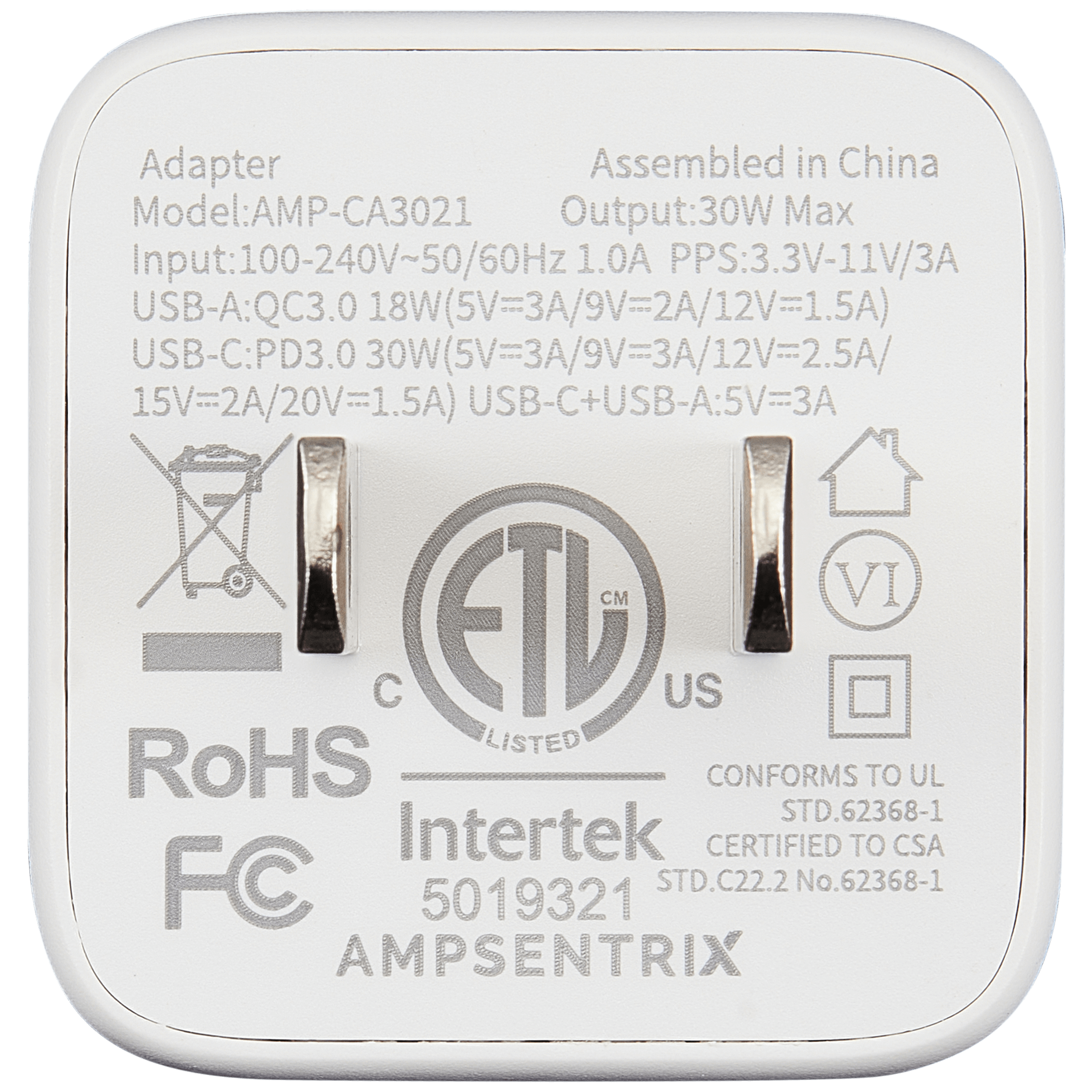 AmpSentrix Pro 30W 2-in-1 USB-C / USB-A GaN Wall Adapter (Ultramarine)