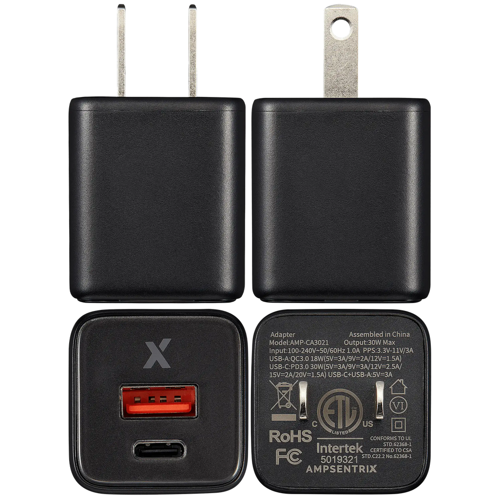AmpSentrix Pro 30W 2-in-1 USB-C / USB-A GaN Wall Adapter (Schwarz Titanium)