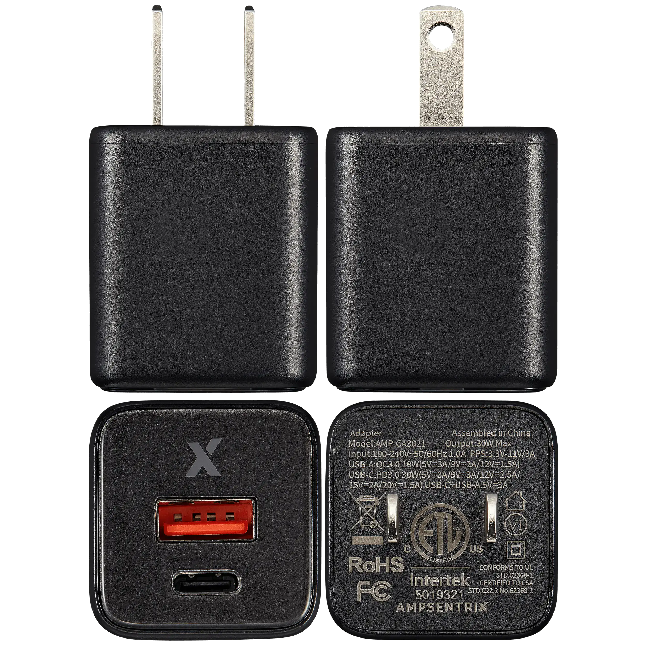 AmpSentrix Pro 30W 2-in-1 USB-C / USB-A GaN Wall Adapter (Schwarz Titanium)